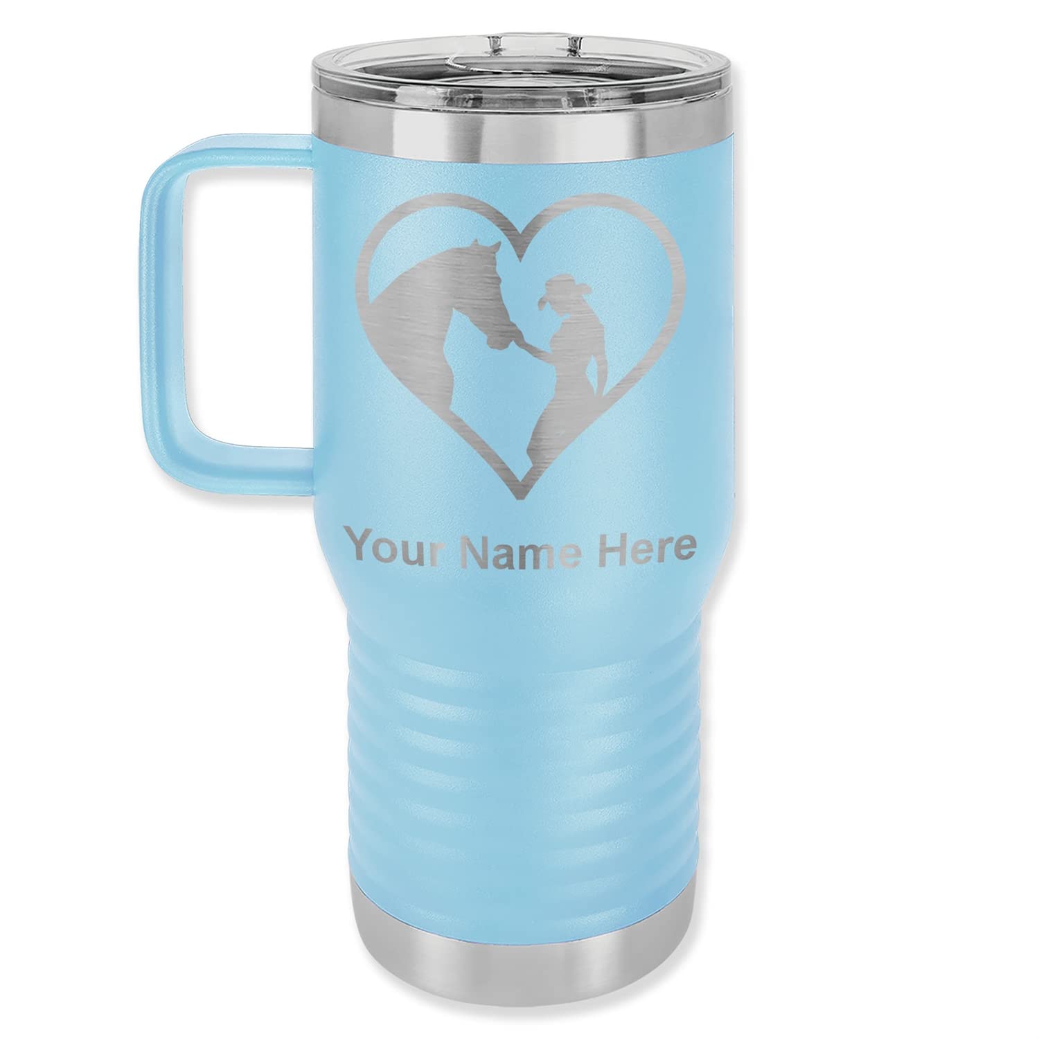 LaserGram 20oz Vacuum Insulated Stainless Steel Travel Mug with Handle - Personalized Engraved Cowgirl Horse Heart Design - Light Blue - Perfect for Coffee, Tea & Cold Drinks On The Go