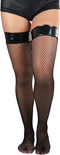Flirty Vinyl Top Fishnet Thigh Highs - Black