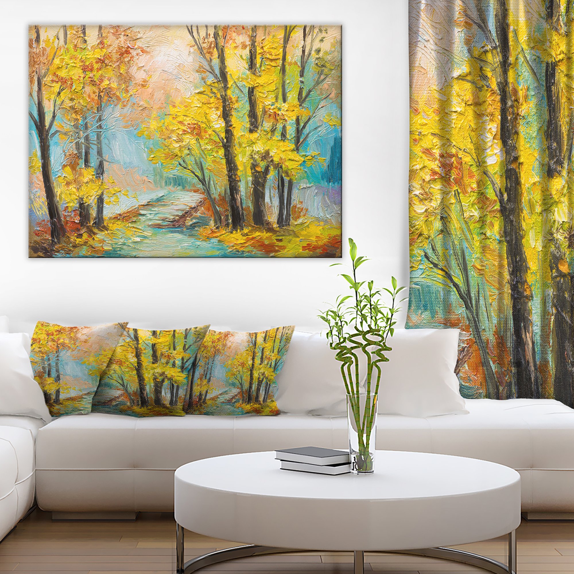 Yellow Falling Forest Landscape Art Print Canvas - Autumn Nature Wall Decor for Living Room, Bedroom & Office