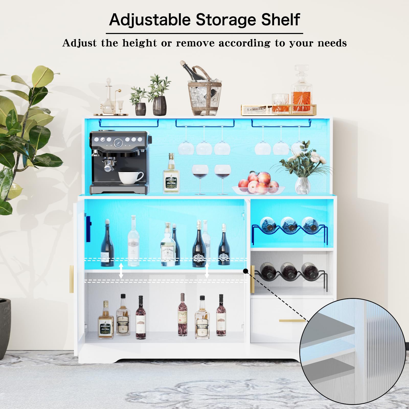 Modern White Large Wine Bar Cabinet with LED Lights, Wine & Glass Rack - Kitchen Coffee Bar Storage Buffet Sideboard with Drawers for Dining Room, Living Room & Home Entertaining