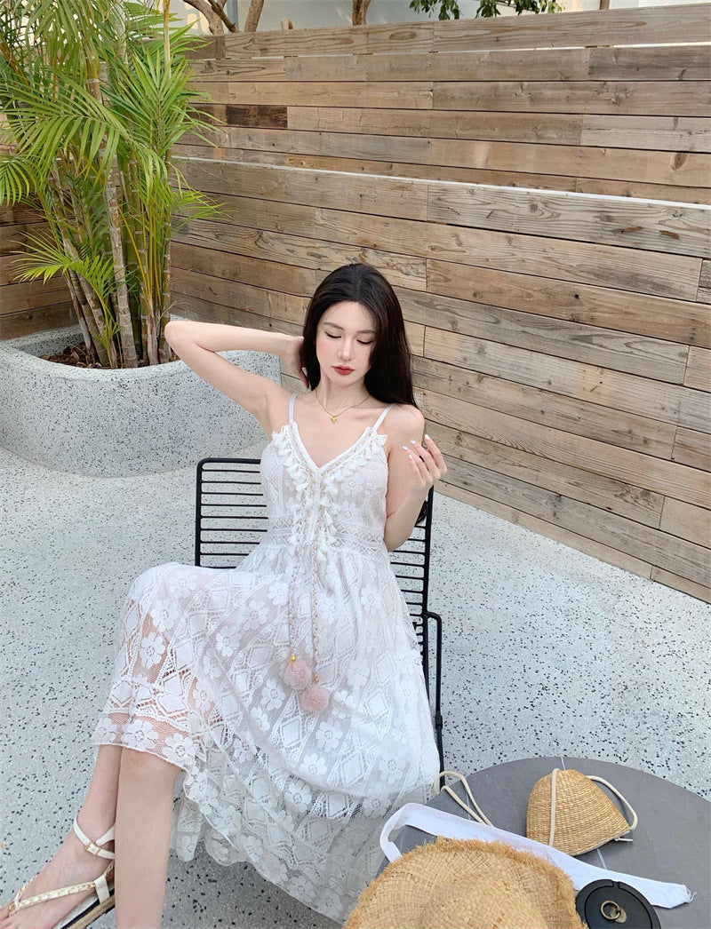 Bohemian Retro Lace Tassel V-Neck Summer Dress for Women - Flowy Boho Chic Maxi Dress for Beach, Vacation & Festival Outfits