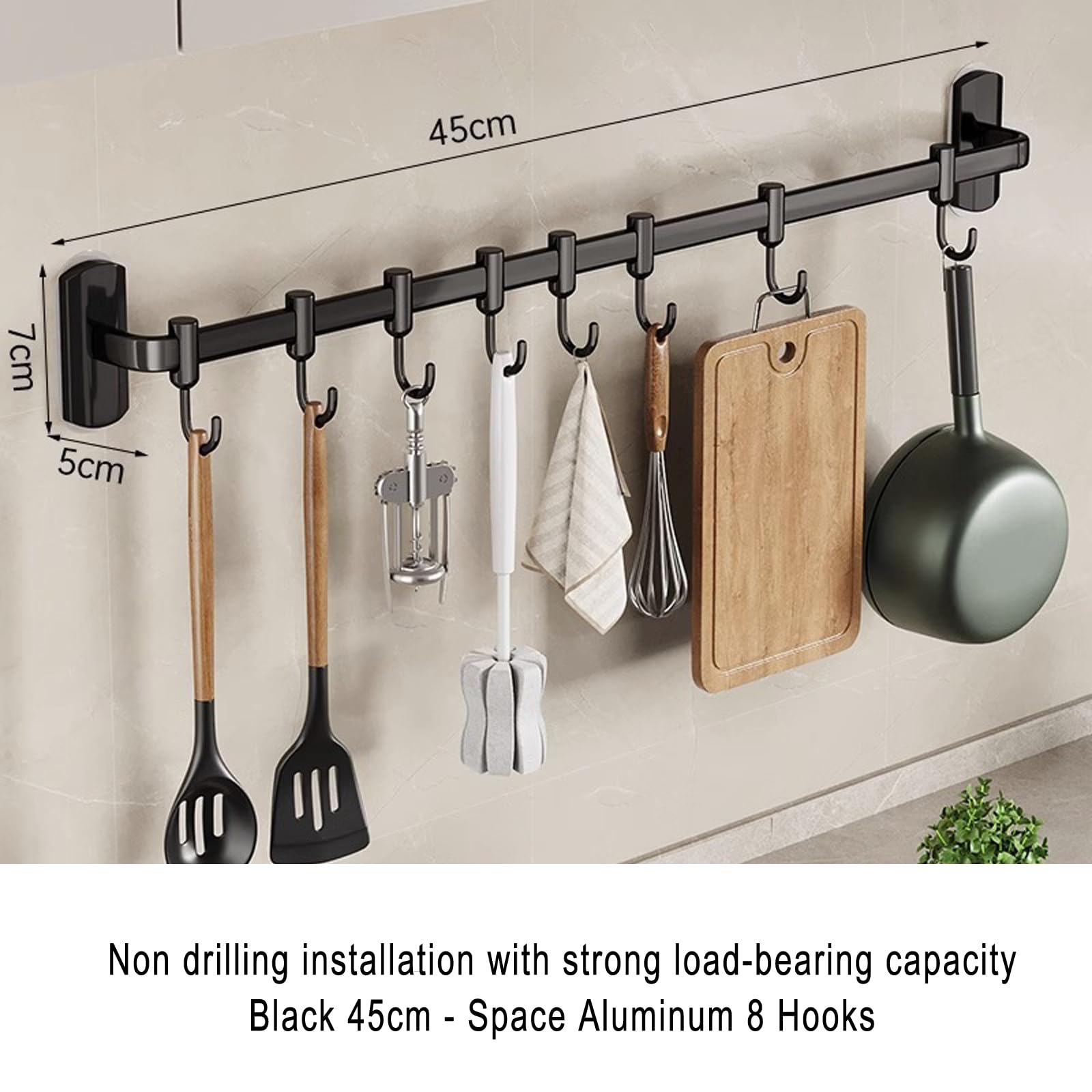 Stainless Steel Kitchen Rail with Hooks - 45cm Wall Mounted Utensil Holder Organizer for Spoons, Ladles & Cooking Tools - Perfect for Small Kitchen Space Saving & Organization (Black)