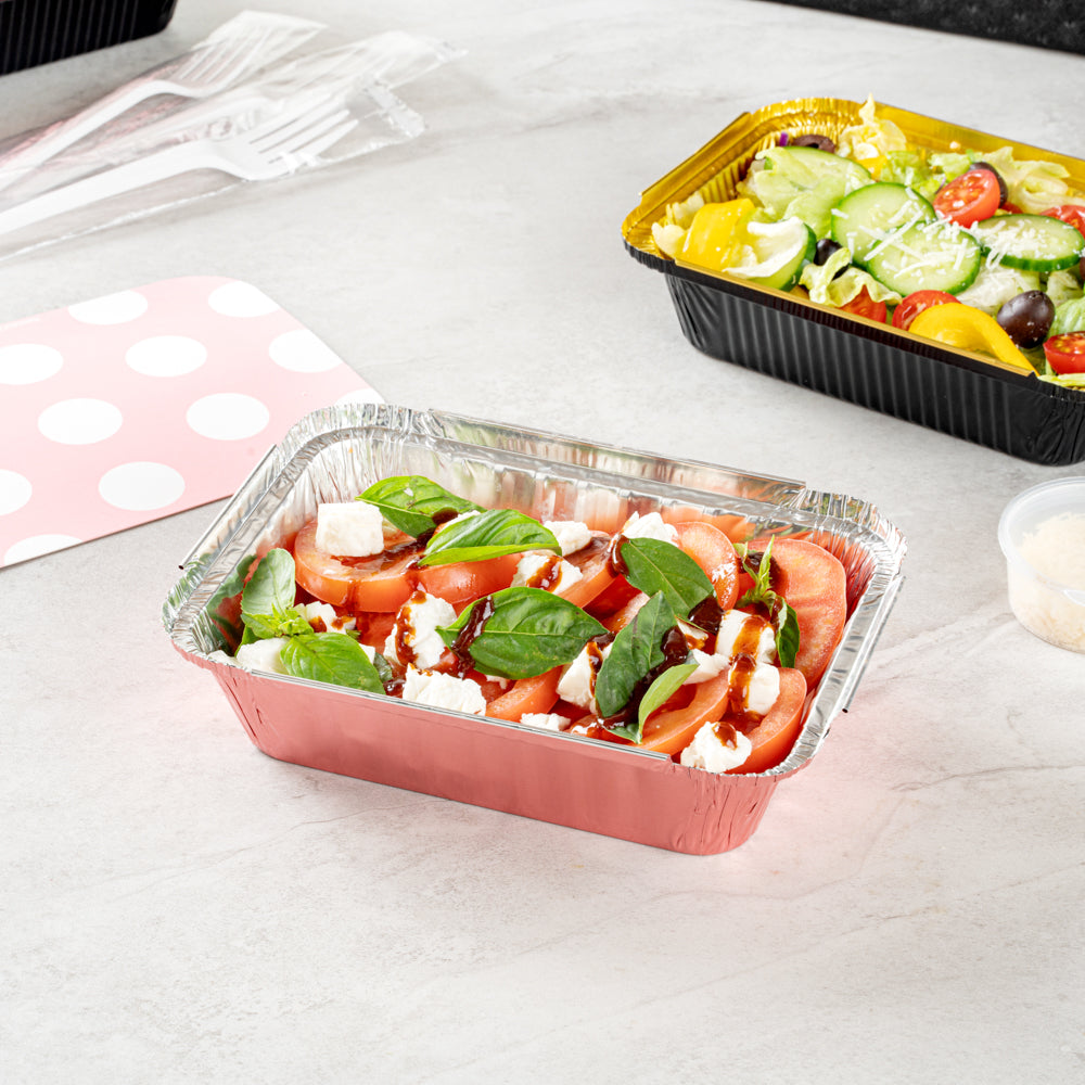 16 oz Pink Aluminum Take Out Containers with Polka Dot Paper Lids - 7.25