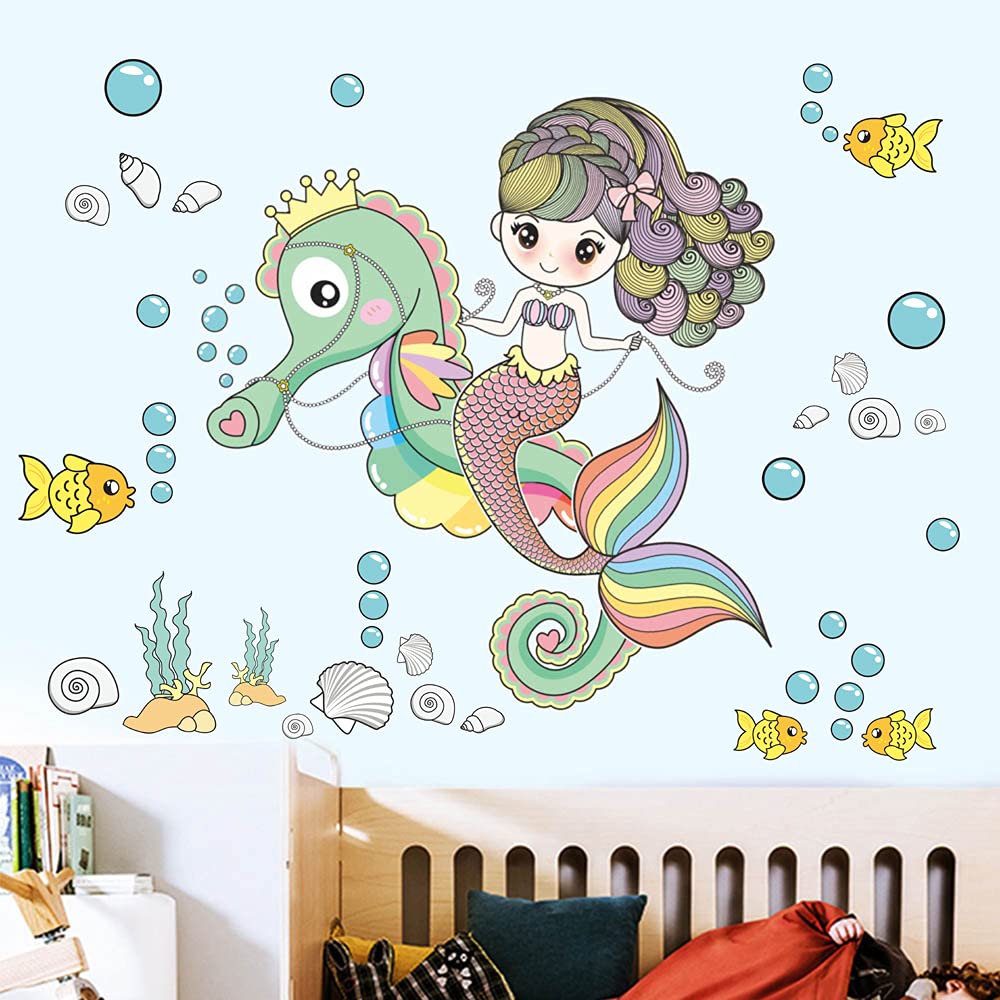 FAIRY KAARI Mermaid Wall Stickers for Kids - Colorful Removable Mermaid Wall Decals, Nursery & Bedroom Decor, Perfect Birthday Gift for Girls (40x90cm) - Transform Your Child's Room into an Underwater Fantasy