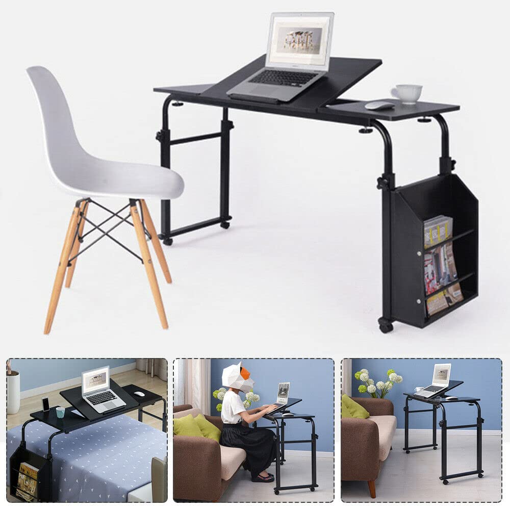 71-Inch Adjustable Height Laptop Desk with Wheels & Storage - Mobile Sit Stand Workstation for Home Office, Rolling Bed Table Cart - Perfect for Working, Writing, Drawing & Small Space Organization