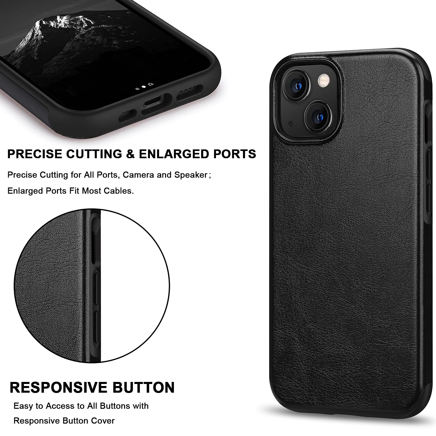 Premium Leather TPU Hybrid Case for iPhone 13 - Slim Protective Phone Cover with Shock Absorption | Perfect for Work, Travel & Everyday Use (Black)