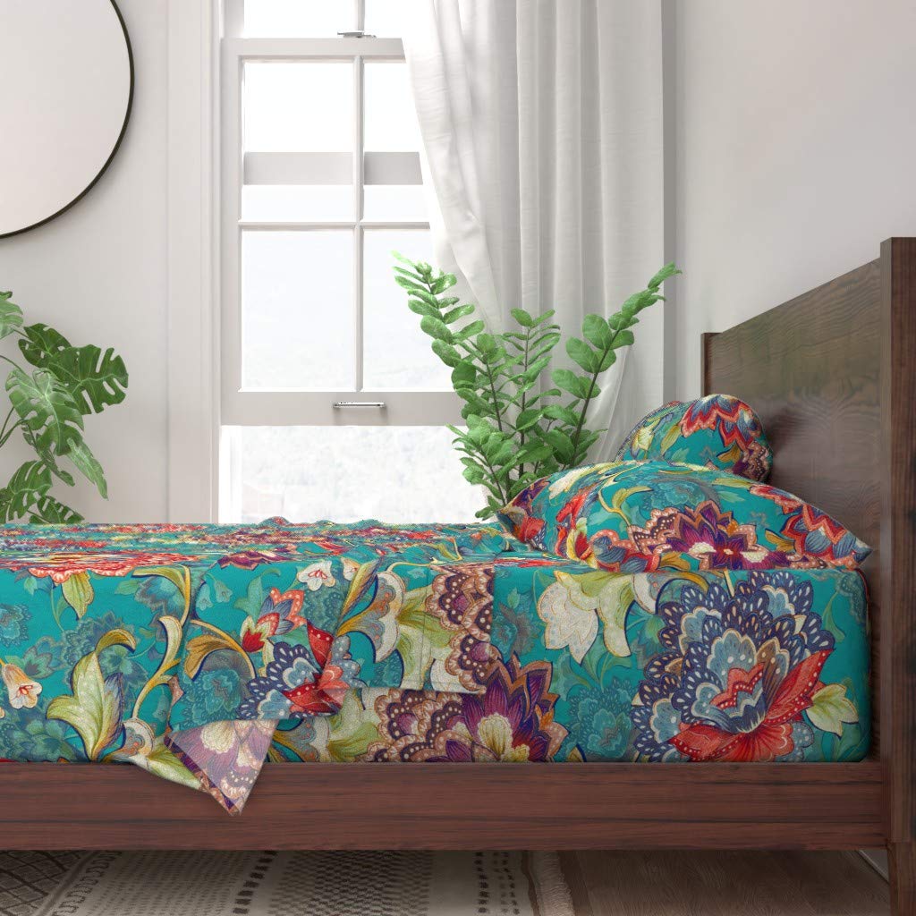 Premium 100% Cotton Twin 3-Piece Sheet Set | Spoonflower Chintz Emerald Aqua Nature Chinoiserie Floral Vintage Red Print | Soft Breathable Bedding for Guest Room, Dorm & Cozy Home Decor