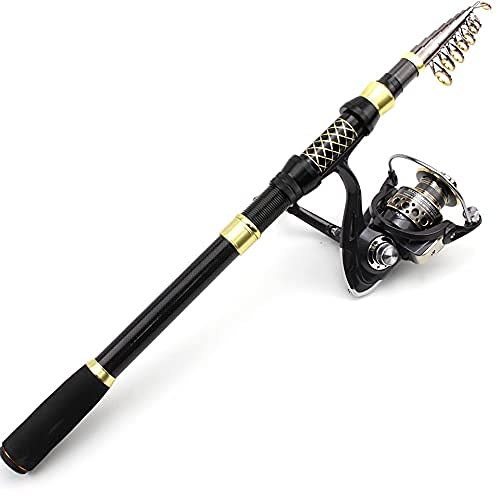 HEWEIU Carbon Fiber Telescopic Fishing Rod & Reel Combo - Portable Spinning Rod with Metal Baitcasting Reel for Saltwater & Freshwater Fishing | Ideal for Travel, Kayak, and Shore Fishing