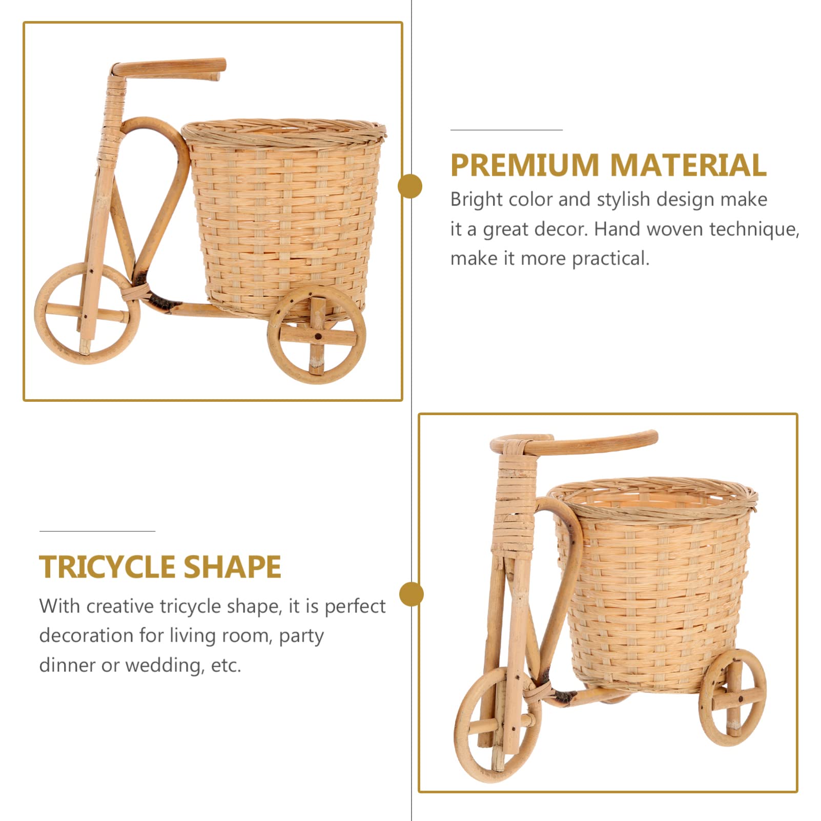 GANAZONO Bamboo Woven Flower Basket - Handmade Decorative Storage Organizer for Home Decor, Farmhouse Style Mini Tricycle Basket with Craft Texture - Perfect for Floral Arrangements, Bathroom Organization & Rustic Table Centerpieces