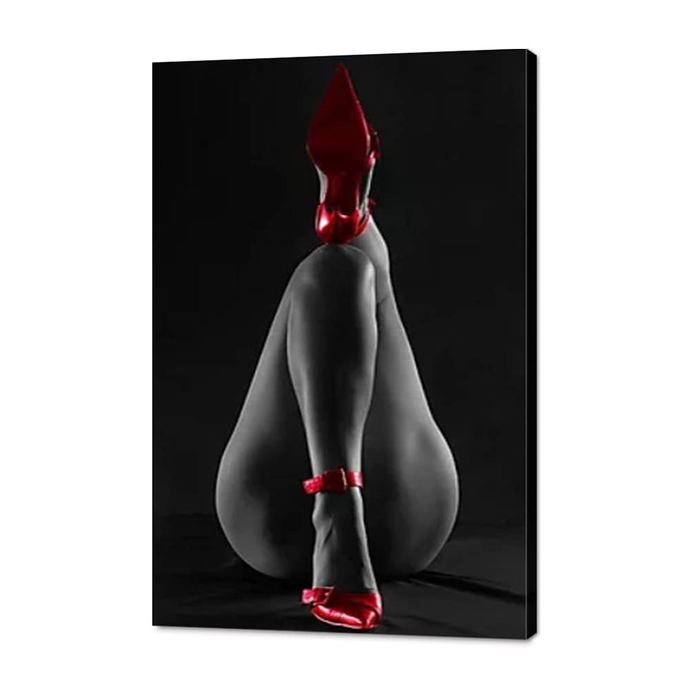 Modern Red High Heels & Elegant Female Silhouette Wall Art - Sexy Beauty Canvas Print with Gray Black Background - Framed Poster Ready to Hang (12