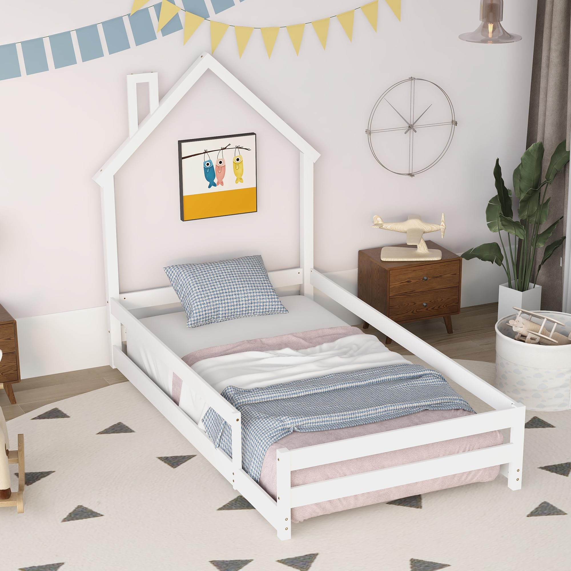 Bellemave Twin Size House-Shaped Headboard Floor Bed with Safety Fences - Solid Wood Montessori Bed for Kids, Toddlers & Teens - Playful House Bed Frame for Girls & Boys (White) - Perfect for Bedrooms, Playrooms & Montessori Learning Spaces