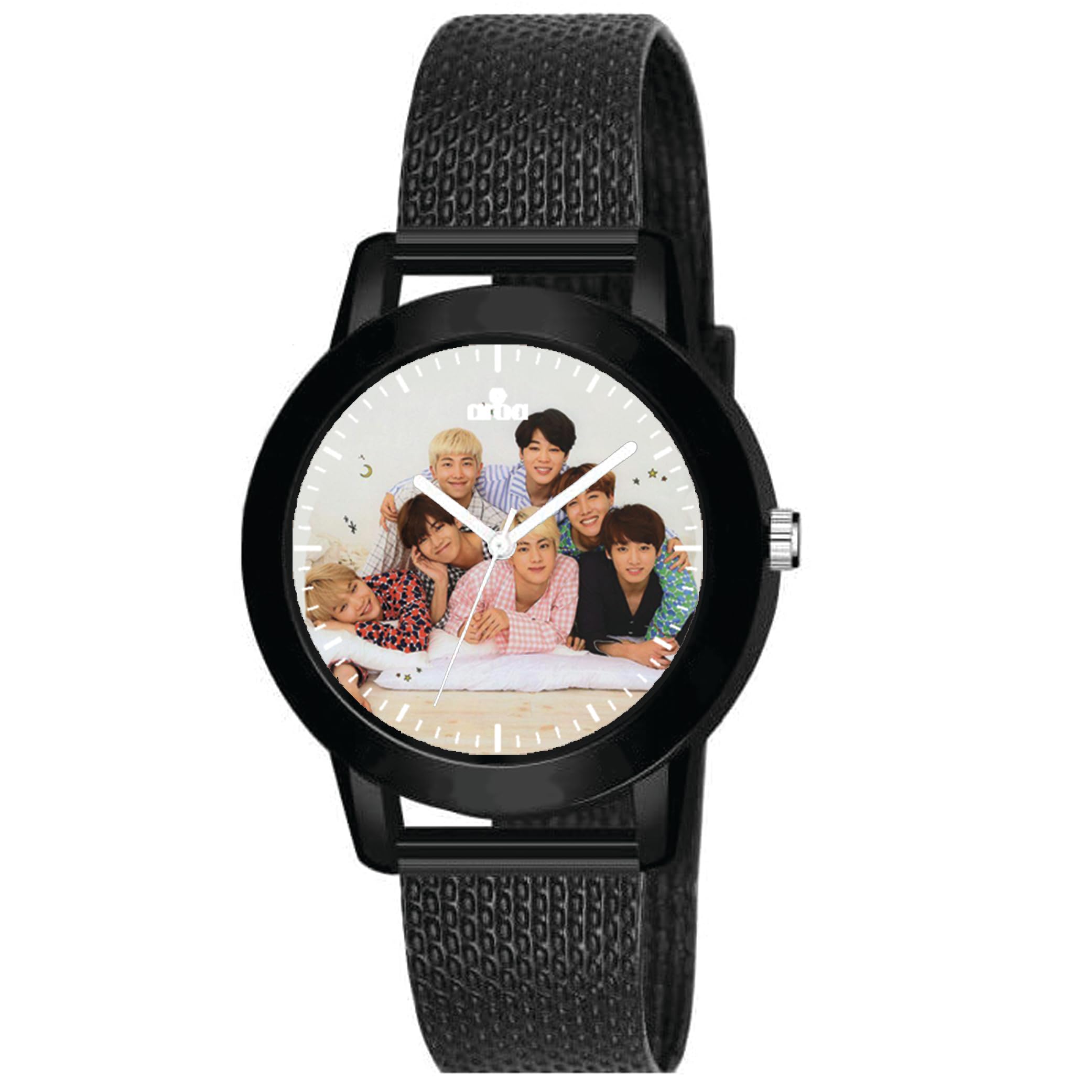 AROA Women's Stylish Analog Watch with Cute BTS in Pajamas Design - Black Metal & Rubber Band, White Dial - Perfect for Everyday Wear, Fashion Accessories, and BTS Fans Gift