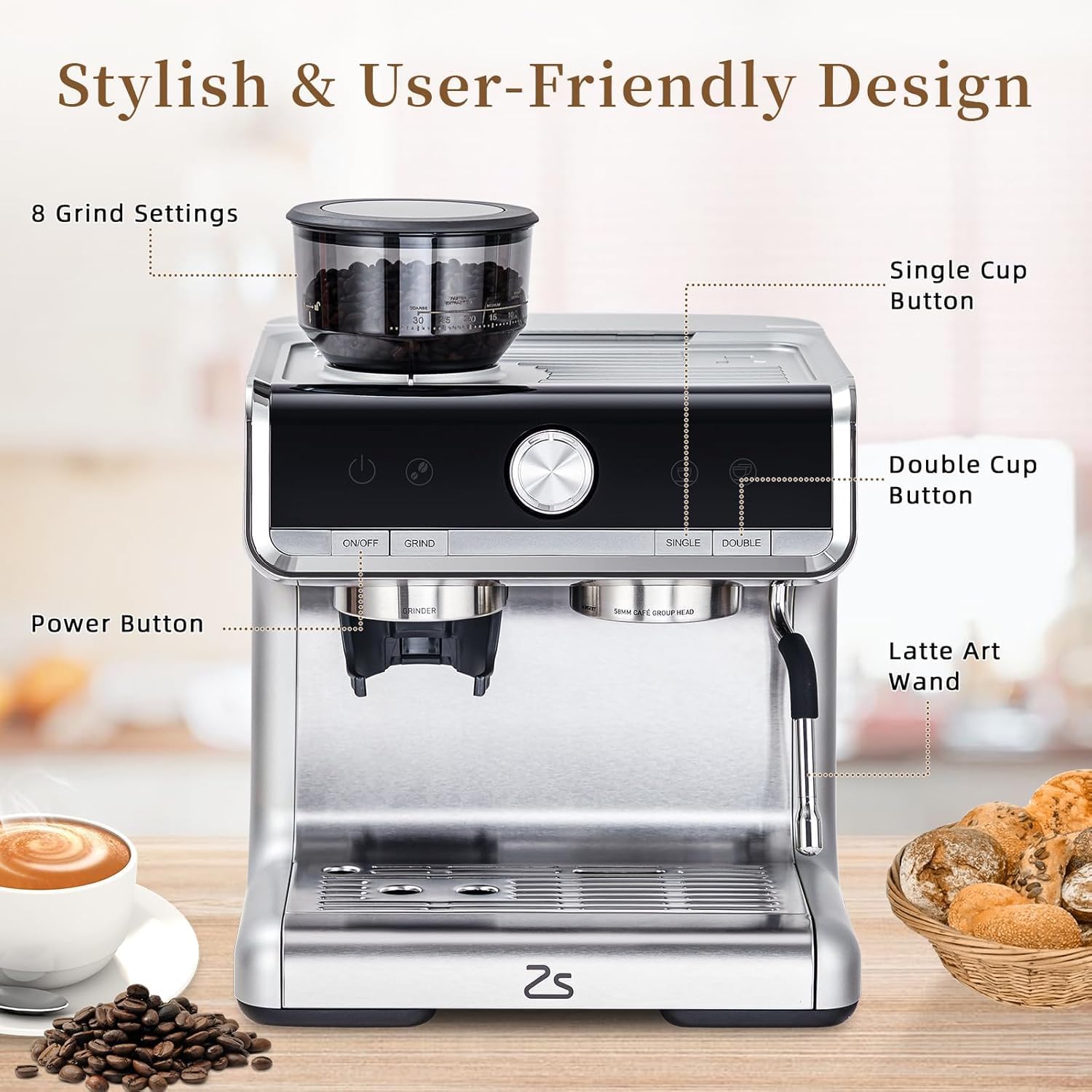 Premium Espresso Machine with Built-in Grinder & Milk Frother - 2.8L Water Tank for Cappuccino, Latte & Macchiato - Stainless Steel Coffee Maker for Home & Office Use