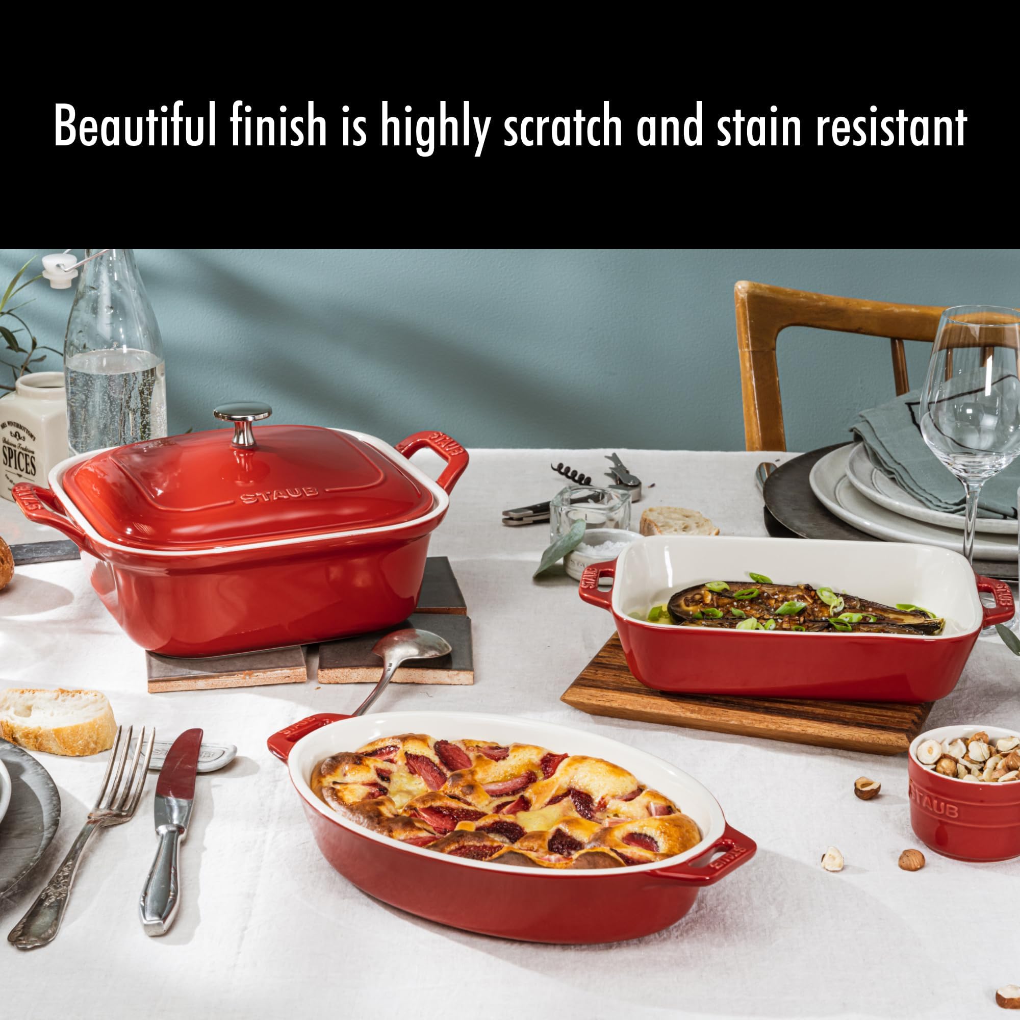Staub Ceramic 4-Piece Baking Set - Casserole Dish with Lid, Brownie Pan, Cherry Red | Perfect for Oven Baking, Casseroles, Brownies & Desserts
