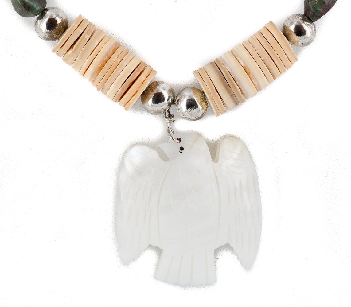 Certified Authentic Navajo .925 Sterling Silver Natural Turquoise Graduated Melon Shell Bird Native American Necklace - Perfect for Boho Fashion, Southwest Style & Cultural Jewelry Collections