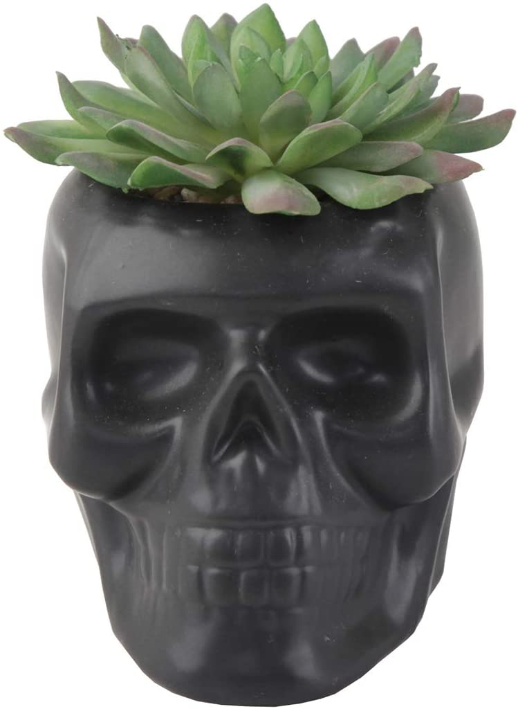 4.5 Inch Ceramic Sugar Skull Planter Pot - Matte Black Succulent Holder with No Drainage Hole for Home & Office Decor - Perfect for Candies, Paper Clips, and Small Plants