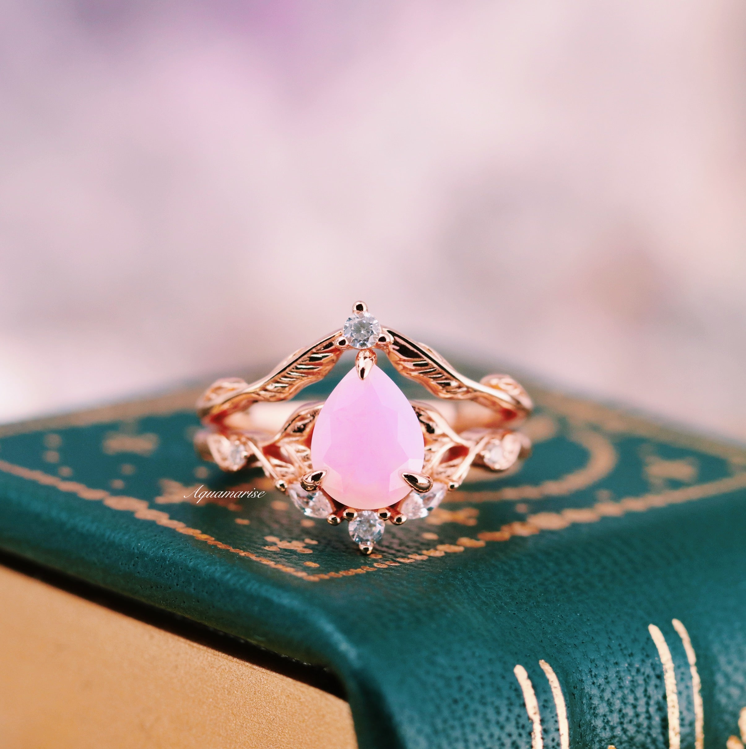 Opalescent Pink Sapphire Engagement Ring Set - 14K Rose Gold Vermeil Wedding Band for Women | Perfect for Proposals, Anniversaries & Bridal Jewelry