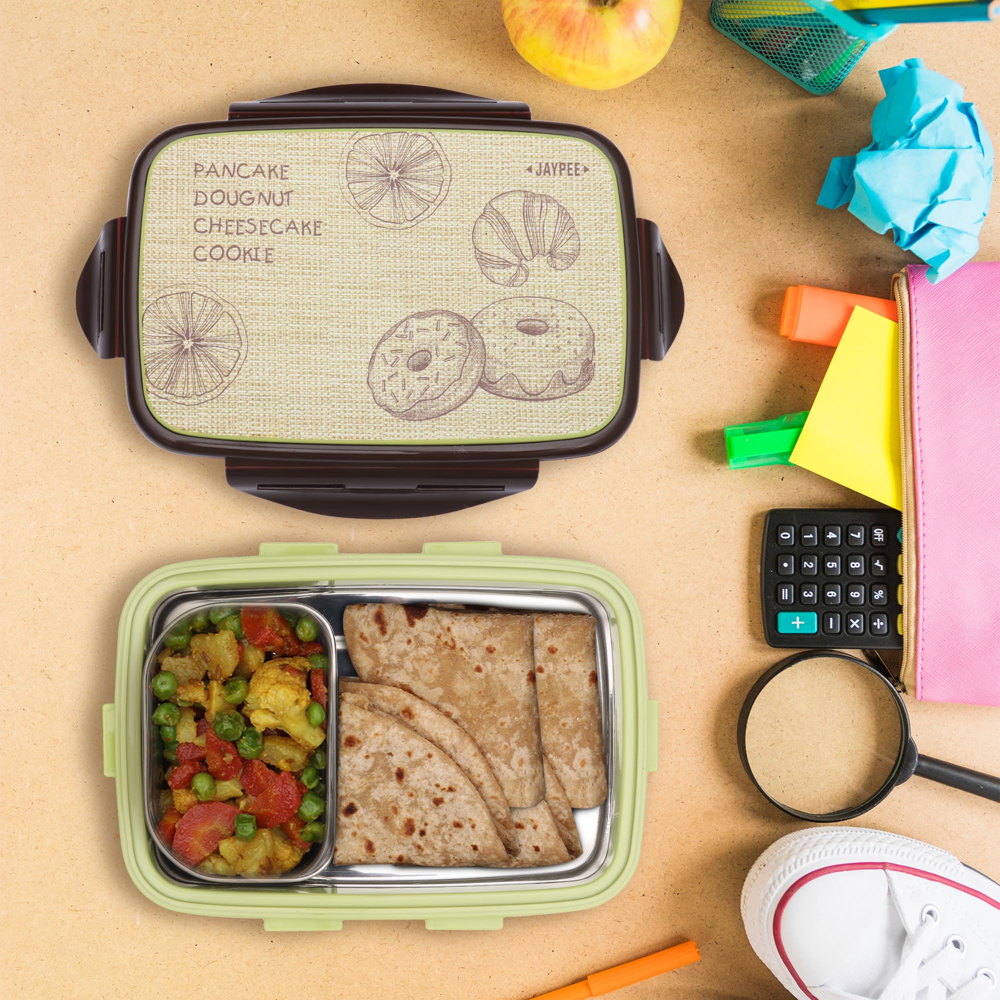Jaypee Ecosteel Sr Green 650ml Airtight Leak-Proof Lunch Box with Spoon - Lightweight & Easy to Clean Bento Box for Kids, School & Office - Perfect for Meal Prep, Snacks, Picnics & Travel