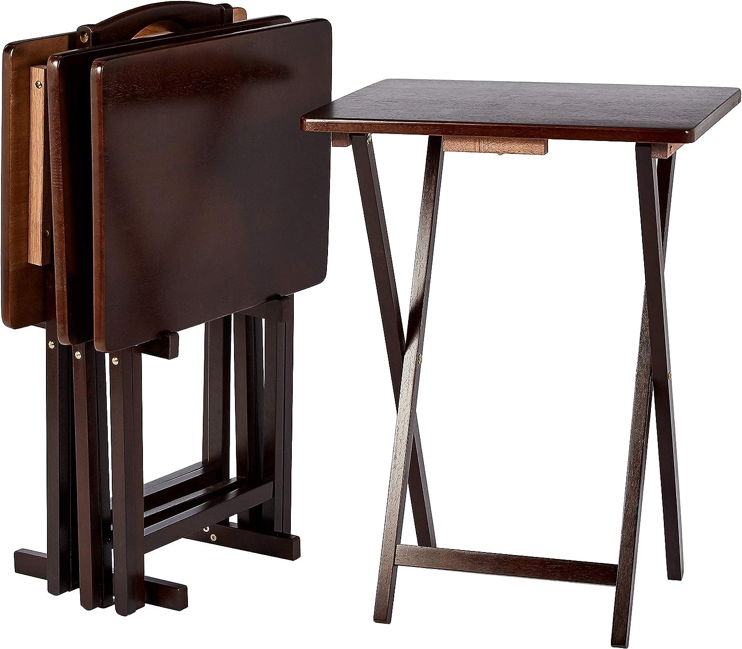KLYSO 5-Piece Natural Wood TV Tray Table Set with Stand - Foldable Snack Tray for Living Room, Bedroom & Outdoor Use (Espresso Finish)