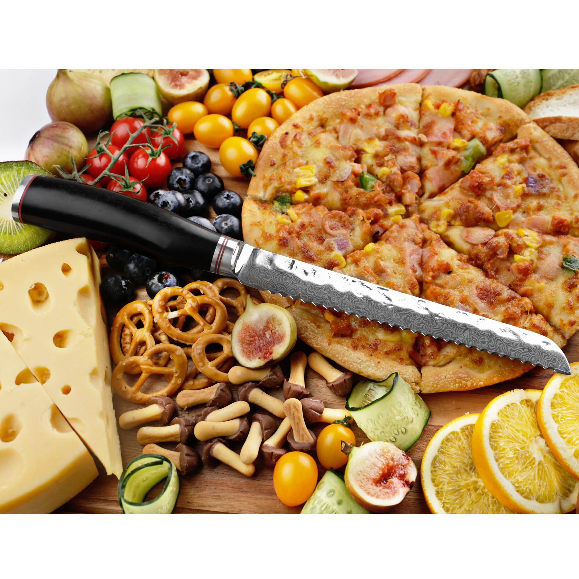 YOUSUNLONG 8-Inch Serrated Bread Knife - Premium Japanese Hammered Damascus Steel - Natural Ebony Wood Handle - Perfect for Slicing Bread, Bagels, Cakes and Deli Meats - Ideal for Home Kitchens, Bakeries and Restaurants