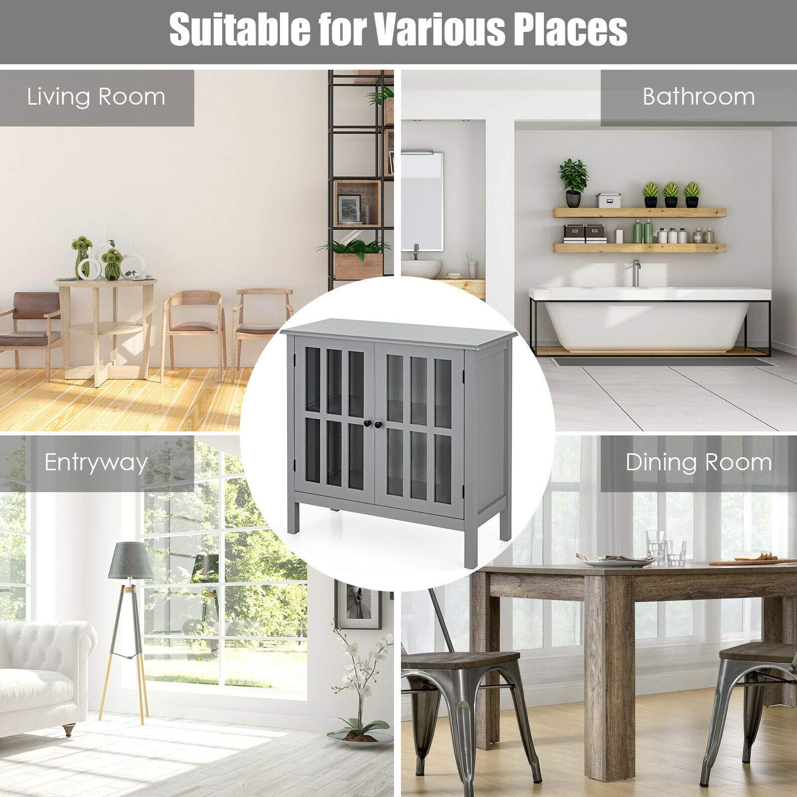 Modern Elegant Storage Buffet Cabinet Console Table Sideboard with Glass Door - Sturdy & Durable Free Standing Furniture for Bathroom, Hallway, Living Room - Perfect for Home Organization & Stylish Decor in Gray