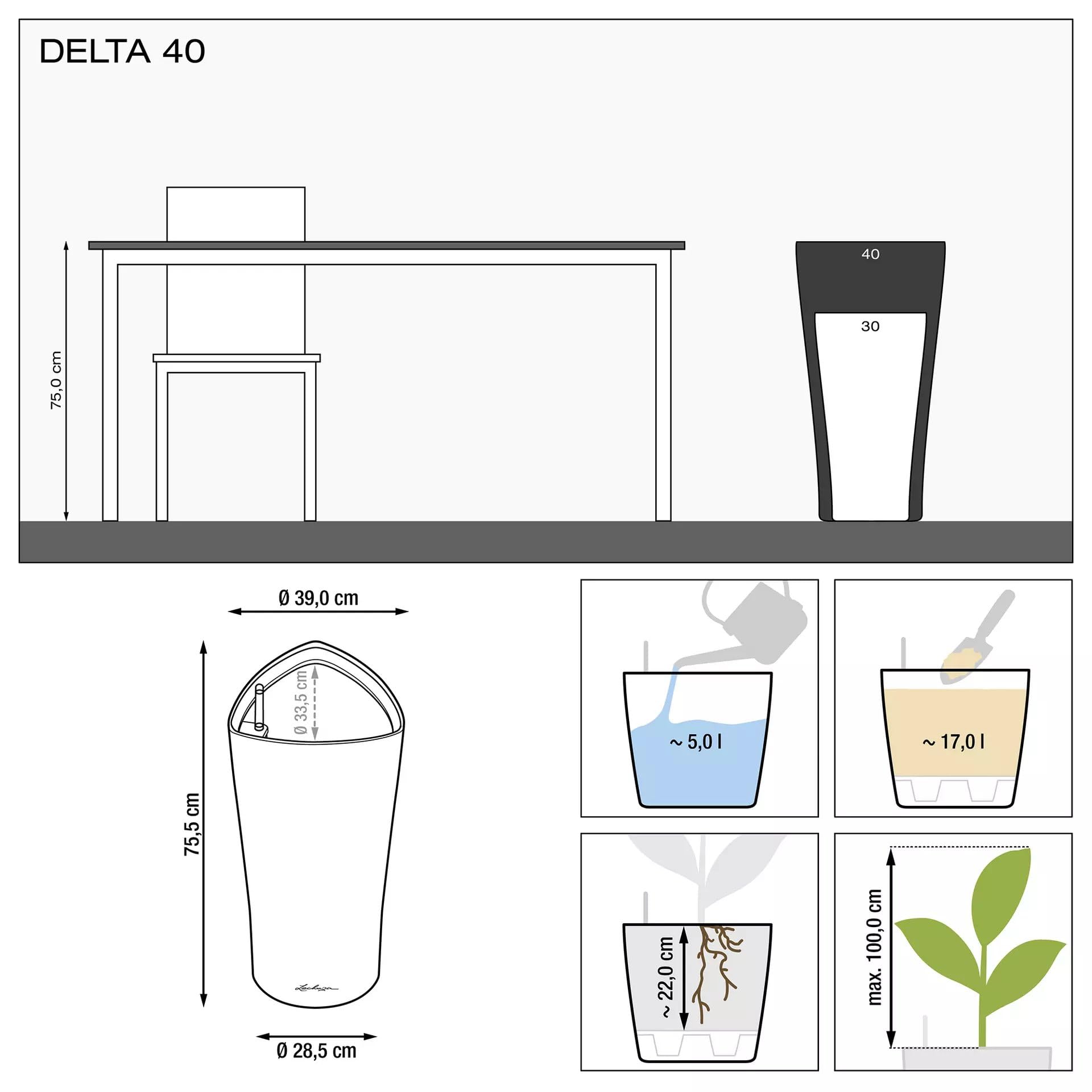 Lechuza Delta 40 Self-Watering Planter - Large Indoor/Outdoor Garden Flower Pot with Drainage Holes & Plant Substrate - 29.5 Inch (75cm) Charcoal Metallic Polyresin - Perfect for Living Room, Patio, or Office Decor