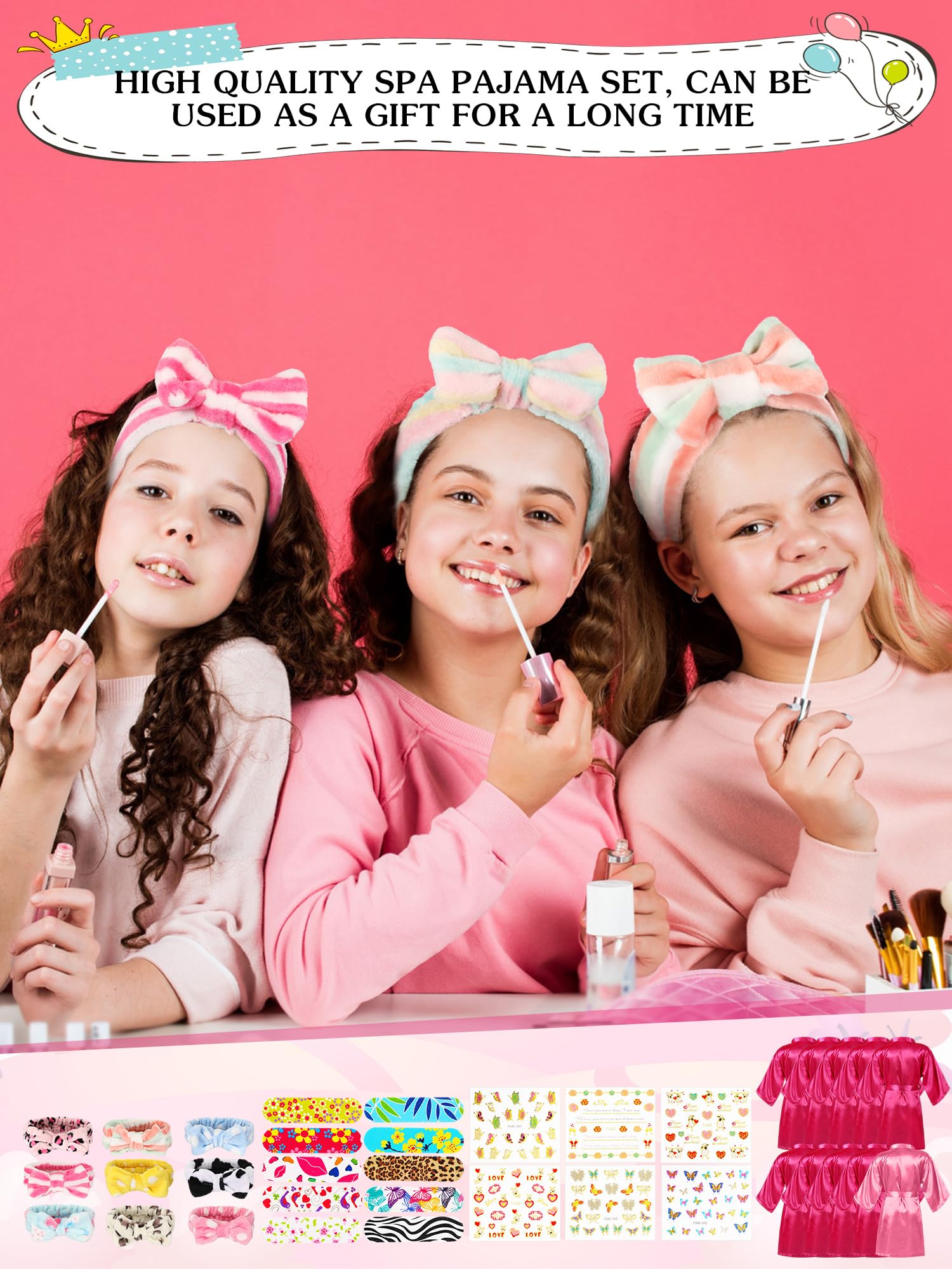 Suhine 10-Piece Kids Spa Party Set - Girls Satin Robes & Nail Salon Kit for Birthday Party Favors | Perfect for DIY Spa Day, Sleepovers & Birthday Celebrations