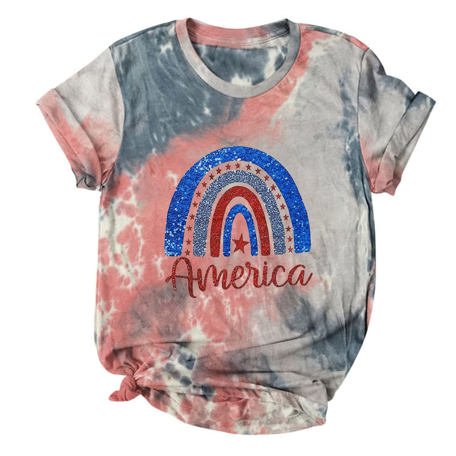 Patriotic Tie Dye Rainbow T-Shirt for Women - Short Sleeve American Flag Star Top, Casual Crewneck Tee - Perfect for 4th of July, Memorial Day & Summer Outfits