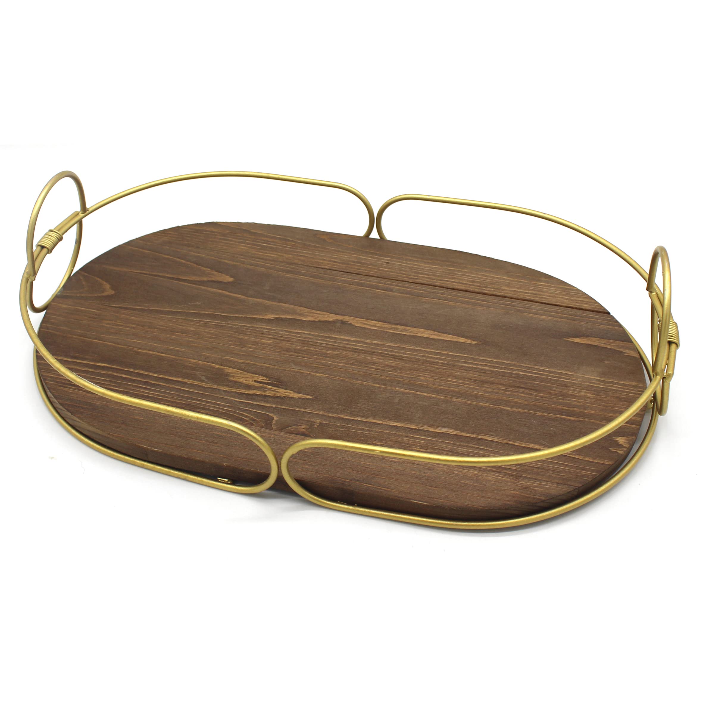 CVHOMEDECO Oval Wood Serving Tray with Golden Metal Handles - Decorative Breakfast in Bed, Kitchen, Coffee Table & Party Serving Tray for Appetizers, Dinner, BBQ & Ottoman Decor | Perfect for Home Entertaining & Dining