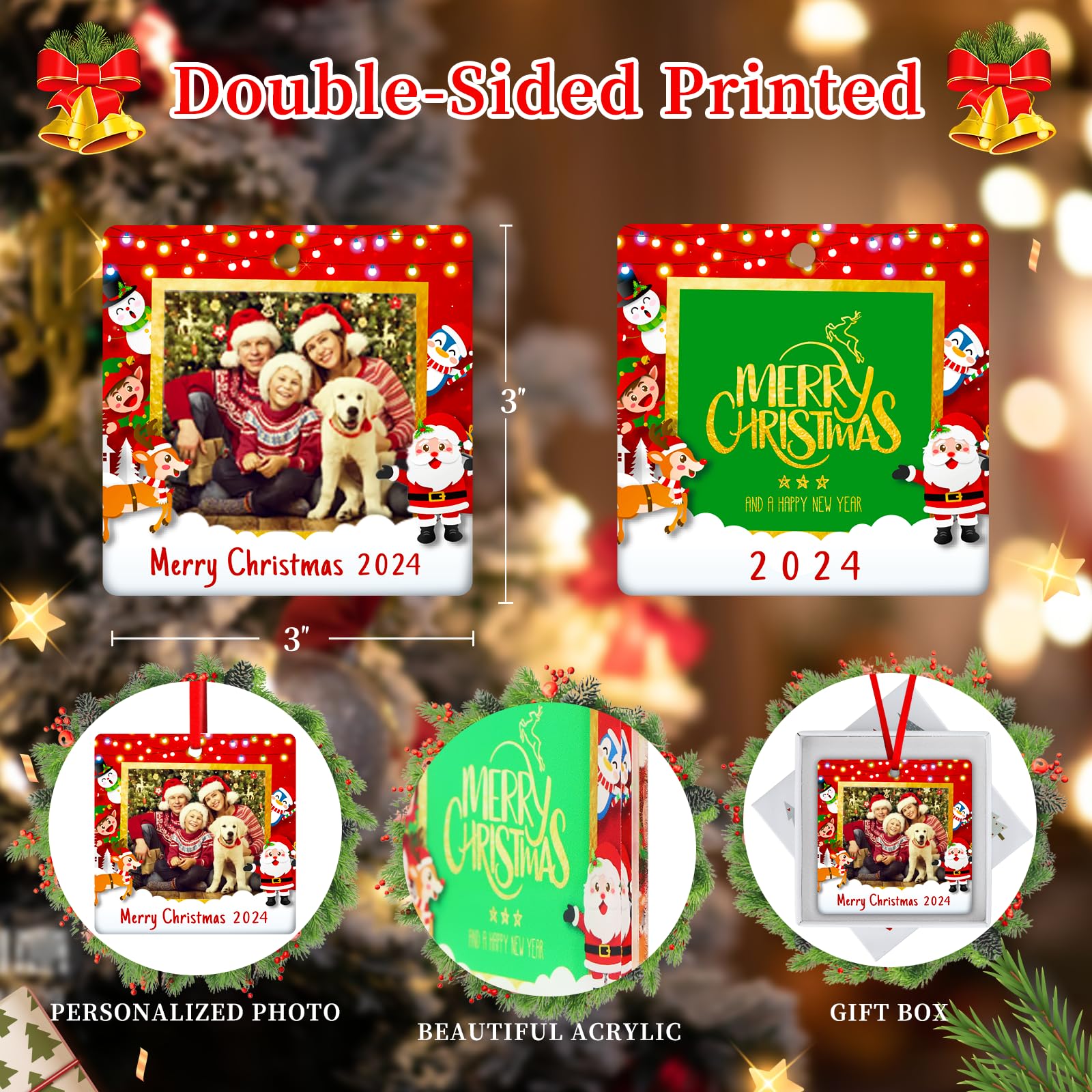 Personalized Double-Sided Acrylic Christmas Photo Ornament 2024 - Custom Picture Frame for Christmas Tree - Family Holiday Keepsake Gift (Perfect for Stocking Stuffers, Tree Decor & Festive Home Display)