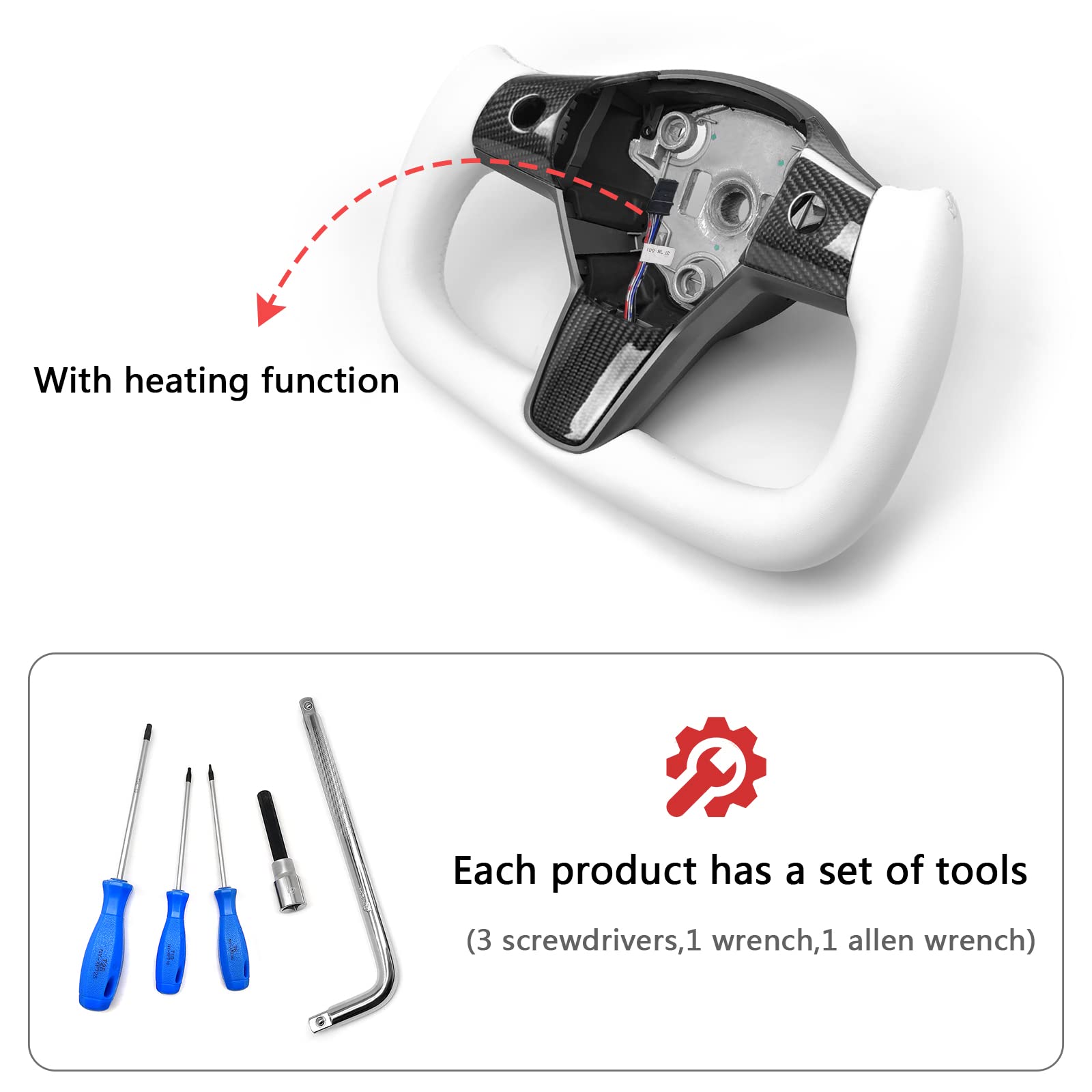 Premium Glossy Carbon Fiber Heated Steering Wheel for Tesla Model 3 & Model Y (White) | Yoke Style Aircraft Disc Design | All Years Compatible | Winter Driving & Luxury Interior Upgrade