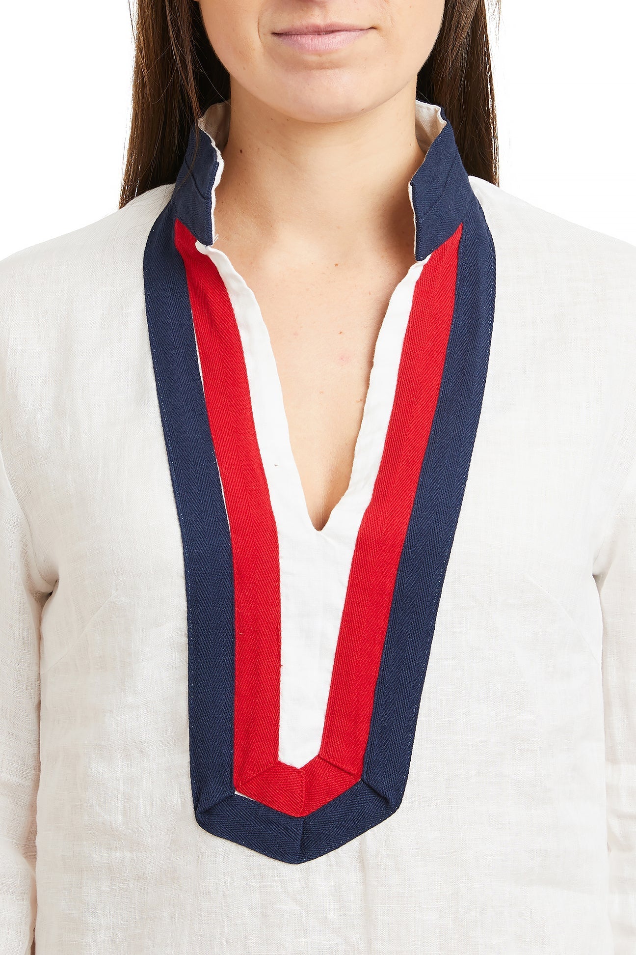 Women's White Linen Tunic Top with Red & Navy Trim - Casual Summer Blouse for Beach, Office & Everyday Wear