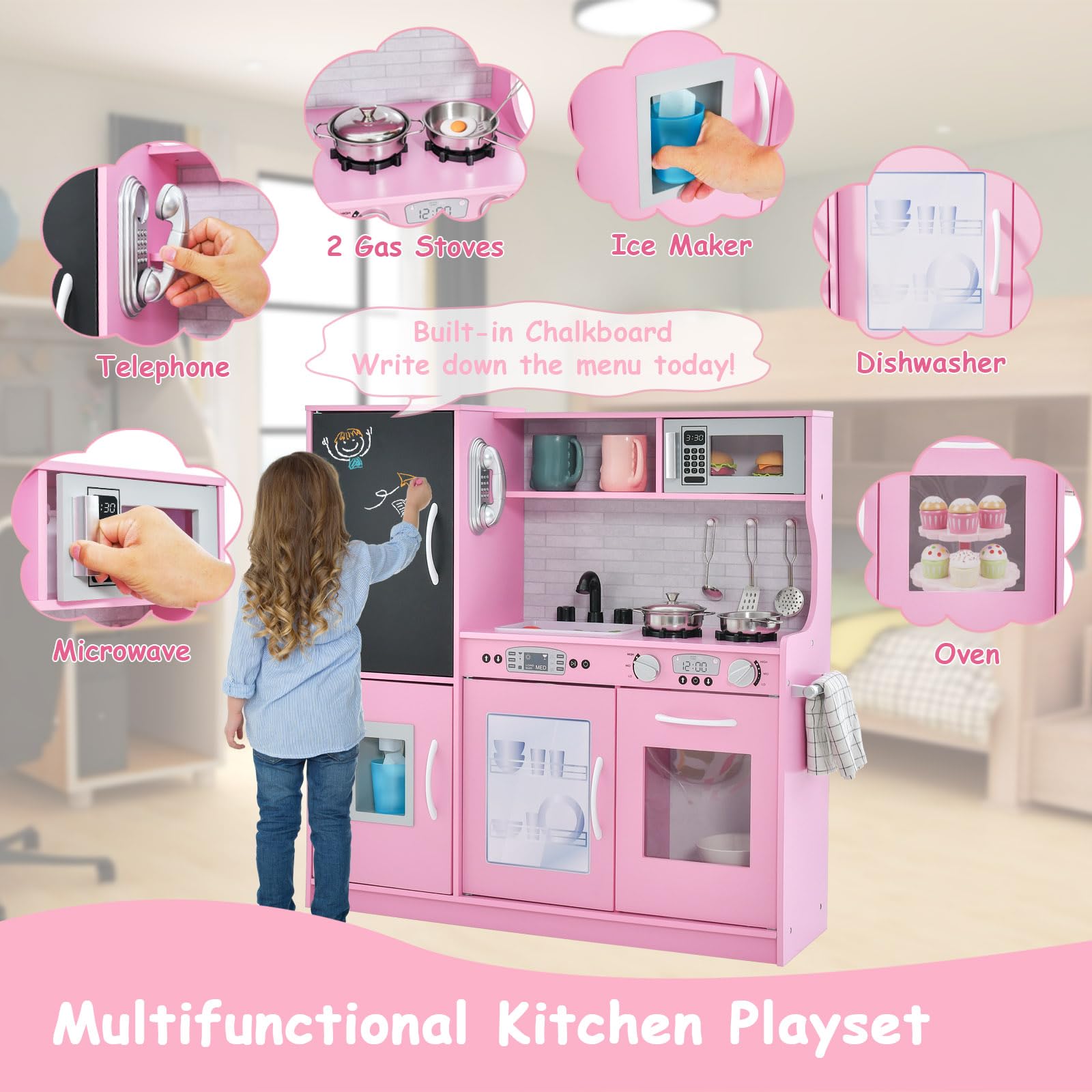 **HONEY JOY Pink Wooden Kids Kitchen Playset - Pretend Chef Toy with Chalkboard, Telephone, Utensils, Oven, Microwave & Sink - Toddler Play Kitchen for Boys & Girls - Perfect Gift for Pretend Cooking & Role Play Fun**    *(Ideal for Birthday Gifts, Preschool Learning, Imaginative Play & Toddler Development)*