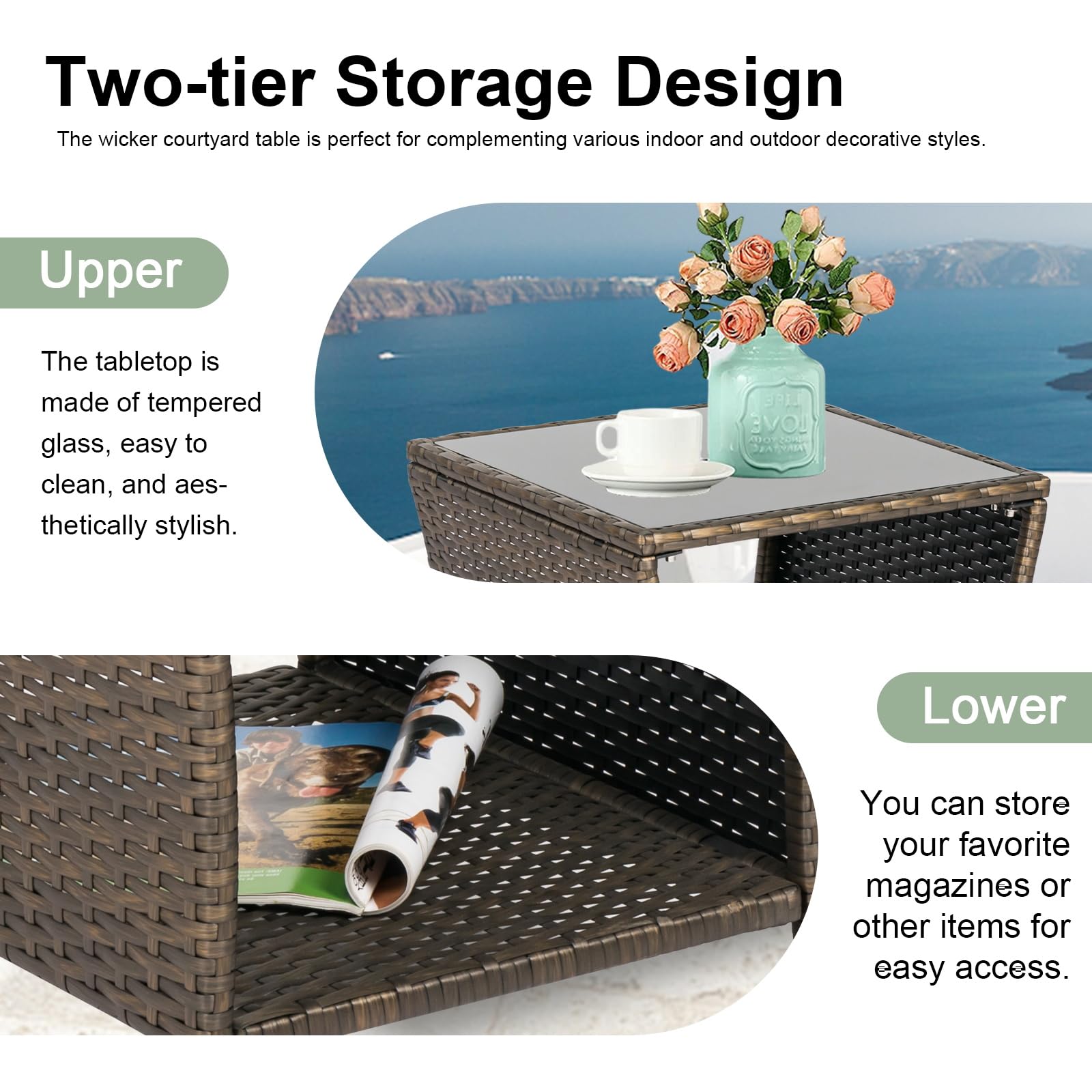 Kinbor Outdoor Side Table Set of 2 - Wicker Patio Side Tables with Storage Shelf & Tempered Glass Top for Easy Cleaning, Dark Blonde - Perfect for Poolside, Garden, Patio, and Balcony Furniture