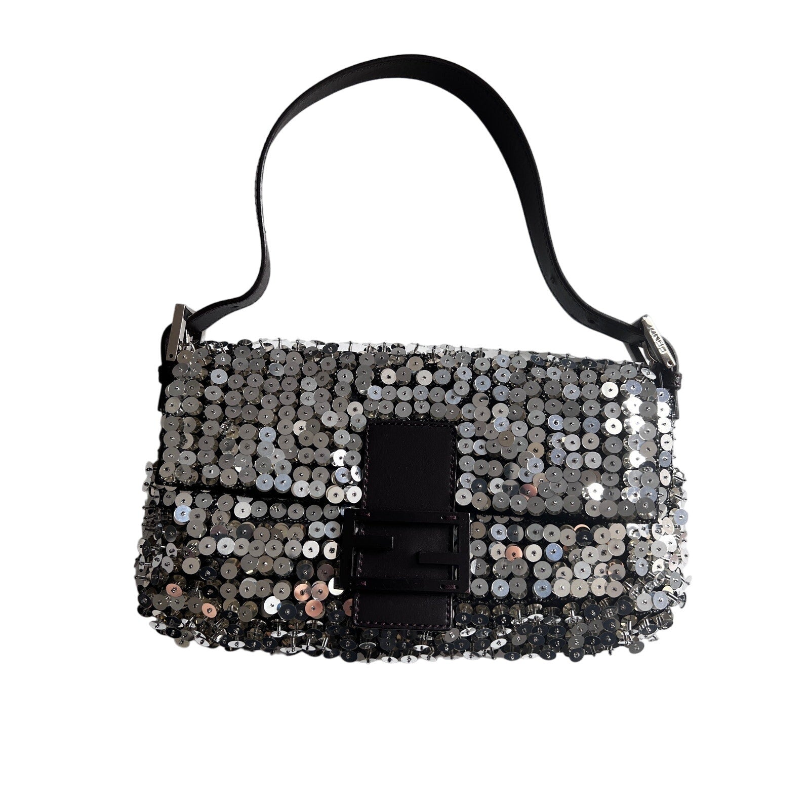 Fendi 3D Silver Sequin Baguette Bag - Luxury Designer Shoulder Purse for Women | Perfect for Parties, Weddings & Evening Events