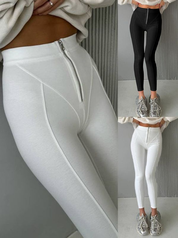 ZASUWA Women's High-Waisted Zipper Leggings - Stretchy Yoga Pants for Workout, Running & Gym - Trendy Fitness Leggings with Side Pockets