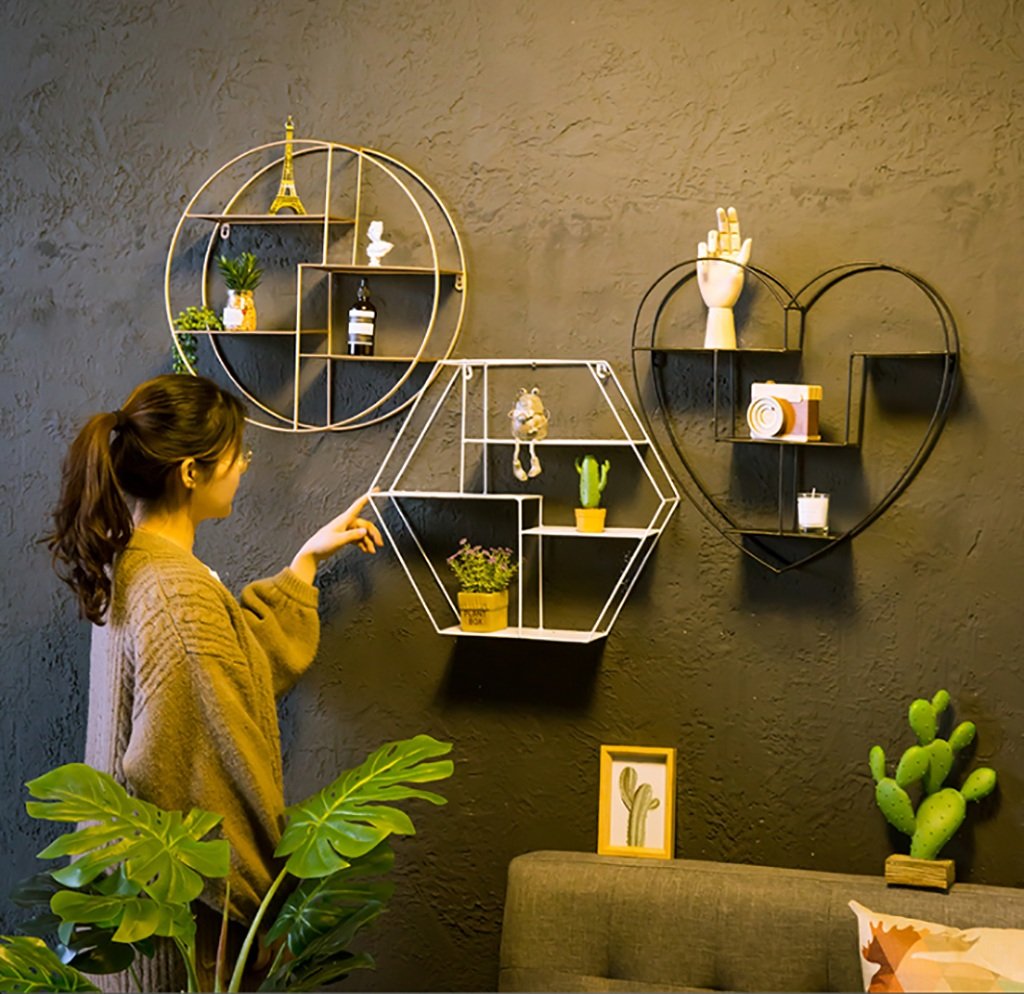 Round Wrought Iron Floating Shelf - Decorative Wall Mounted Shelf for Living Room, Dining Room, Home Decor - 50x50cm Black Metal Partition Shelf - Perfect for Displaying Photos, Plants & Decor Items