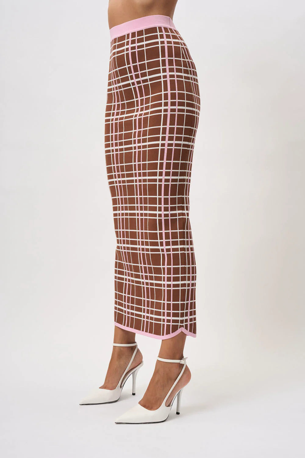Carolina Check Knit Ankle Skirt - Brown & Pink Plaid Pattern for Women | Casual & Office Wear | Perfect for Fall & Winter Outfits