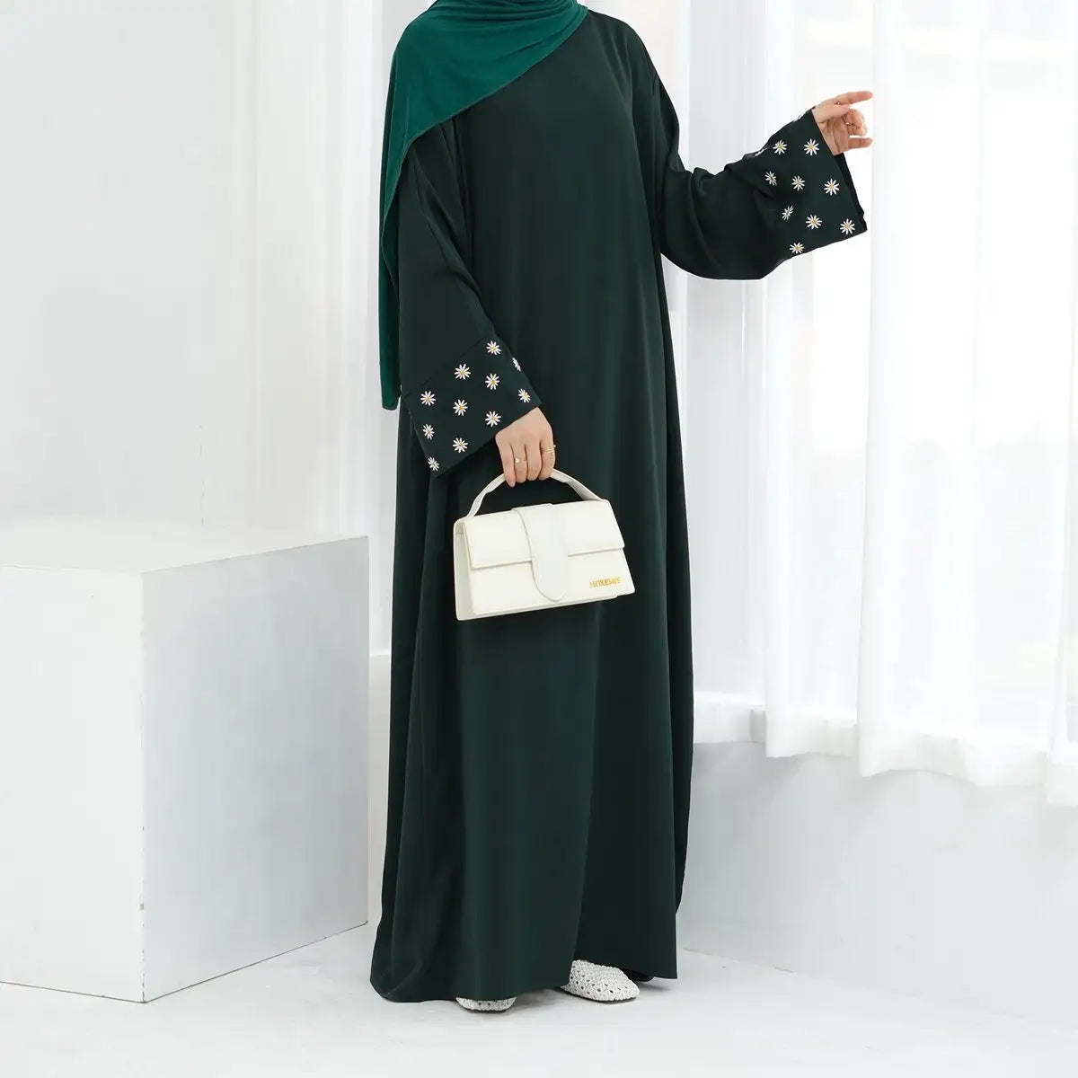 Elegant Daisy Embroidery Nida Abaya Dress for Women - Modest Islamic Fashion for Prayer, Eid, and Special Occasions