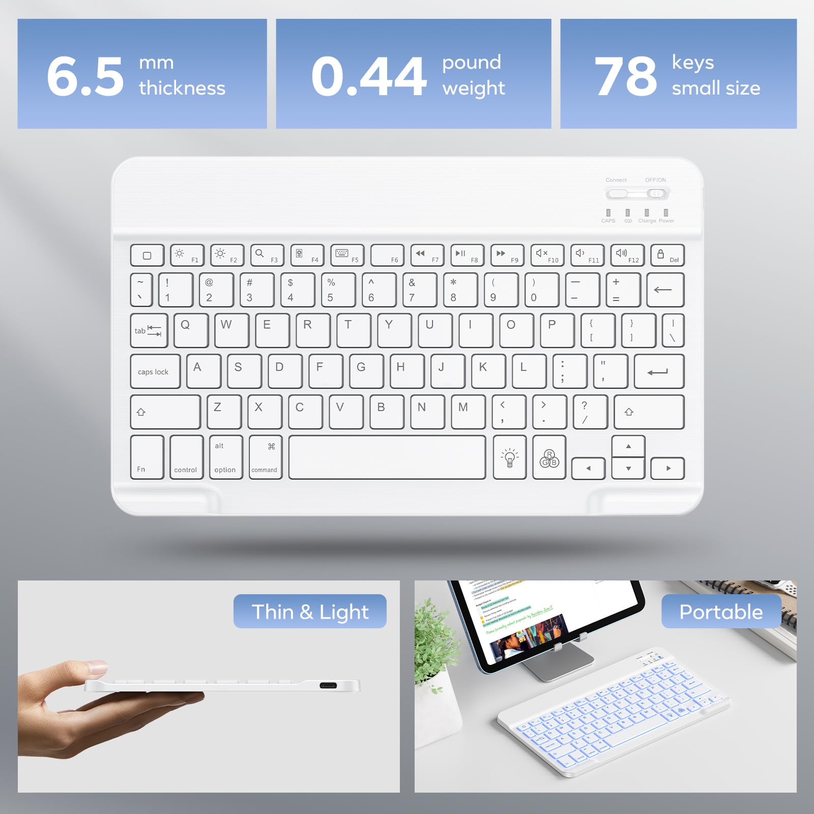 OMOTON Wireless Bluetooth Keyboard - Rechargeable Backlit LED Keyboard for iPad Pro, iPad Air, iPad Mini | Slim Design for Home Office, Travel & Tablet Typing (White)