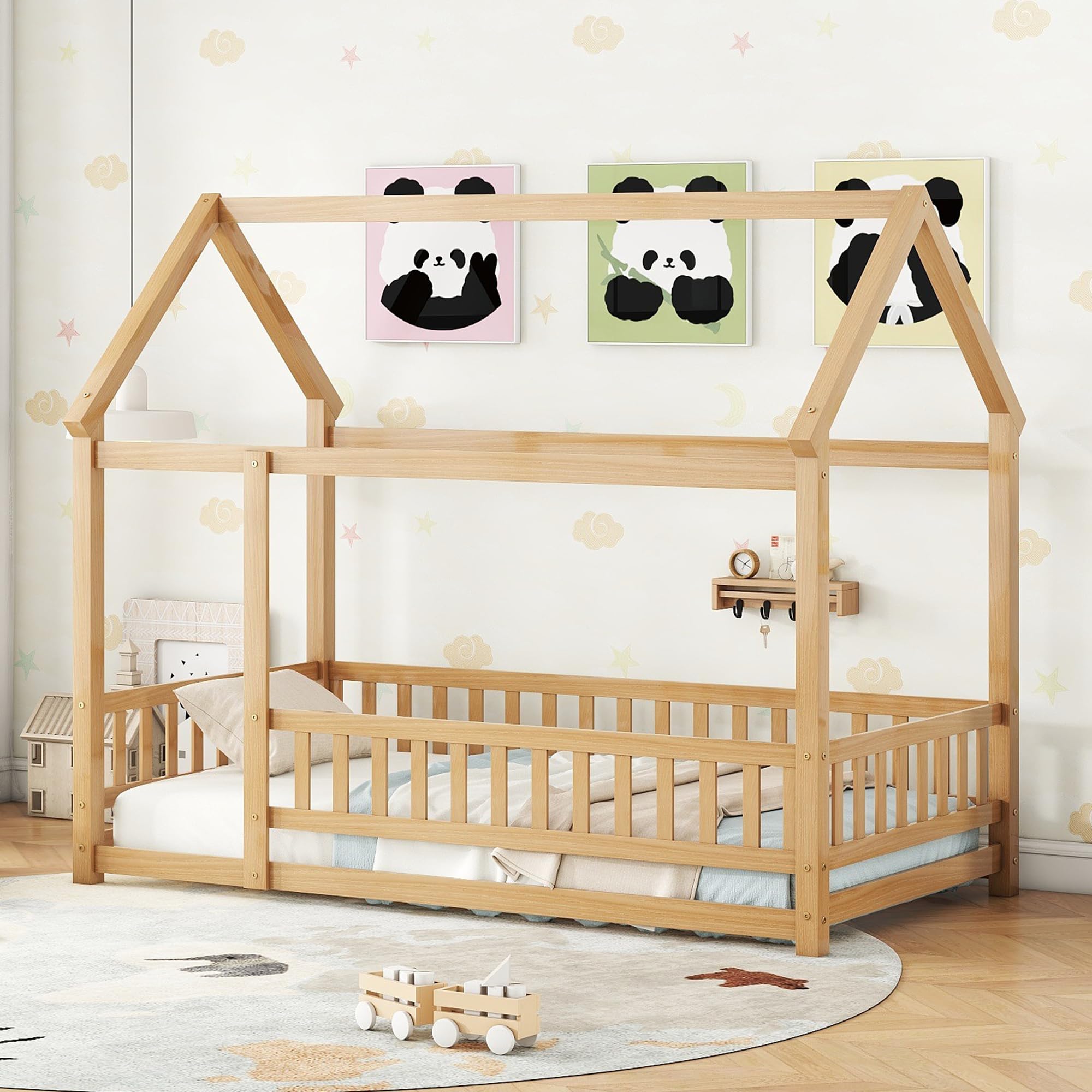Bellemave Twin Size Wooden Montessori Floor Bed Frame with Safety Fence for Kids - Natural Wood Toddler Bed for Nursery, Daycare & Montessori Classroom - Perfect for Safe Sleep & Play Areas