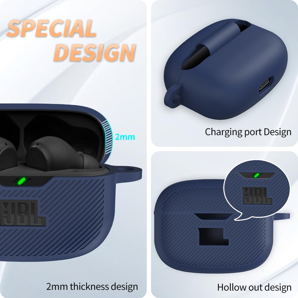 JBL Vibe 200TWS & Vibe Beam Silicone Protective Case Cover with Carabiner - Shockproof Charging Case for True Wireless Headphones (Blue) | Perfect for Gym, Travel & Outdoor Activities