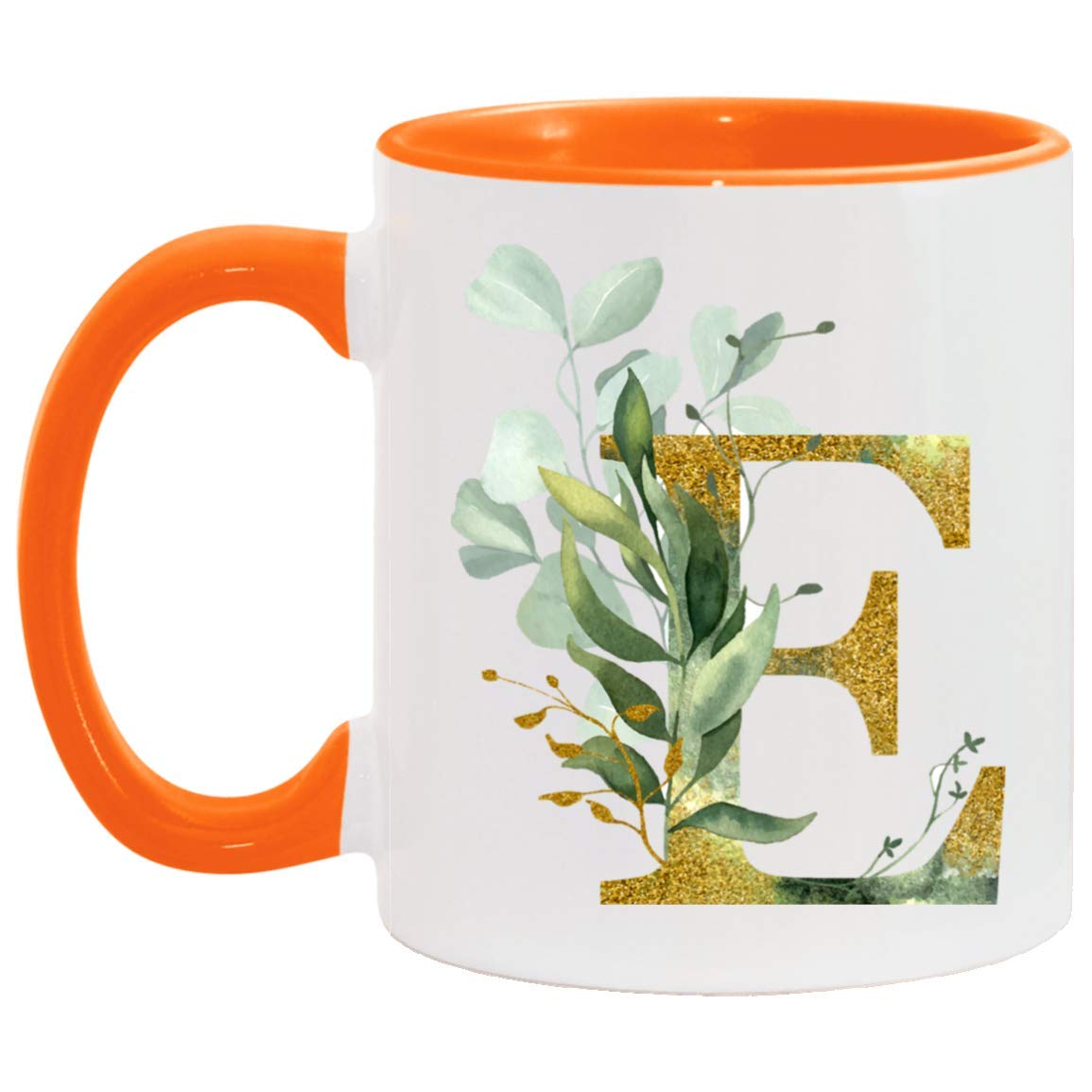 Personalized Monogram Mug with Gold Floral Letter E - Custom Coffee Cup for Women, Birthday, Christmas & Mother's Day Gift - Perfect for Home, Office & Coffee Lovers (Orange)