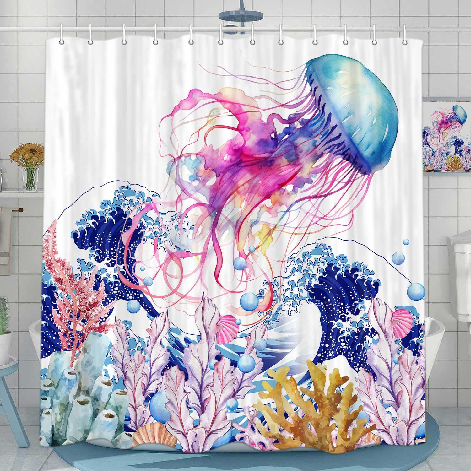 Ocean Themed Waterproof Shower Curtain - Colorful Jellyfish Watercolor Design, Nautical Bathroom Decor with Hooks, 69x70 Inch Polyester Fabric for Beach & Tropical Style Bathrooms | Perfect for Coastal Homes, Vacation Rentals & Spa-Like Showers