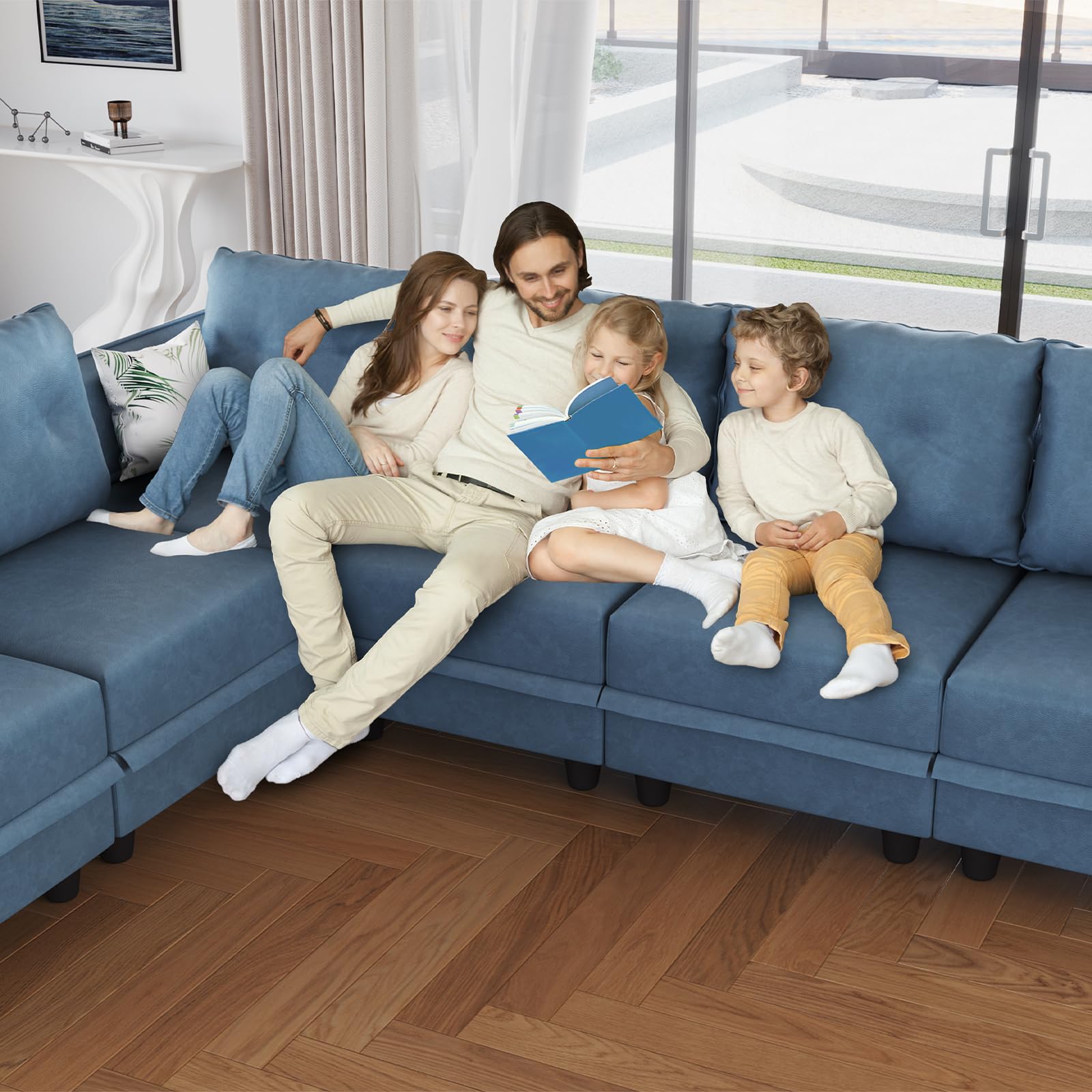 Modular Sofa Set with Side Armrests - Customizable Sectional Couch in Breathable Faux Leather (Navy Blue) - Perfect for Living Room, Lounge & Home Theater Seating