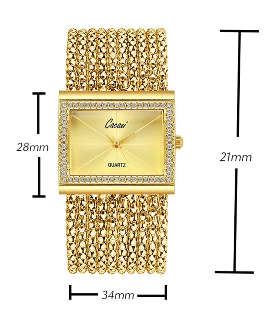 Gosasa Elegant Women's Watches - Fashion Tassel Bracelet Watch with Golden Diamond Accents, Square Face Quartz Watch for Women, Stainless Steel Wide Chain Band | Perfect for Office, Party & Everyday Wear