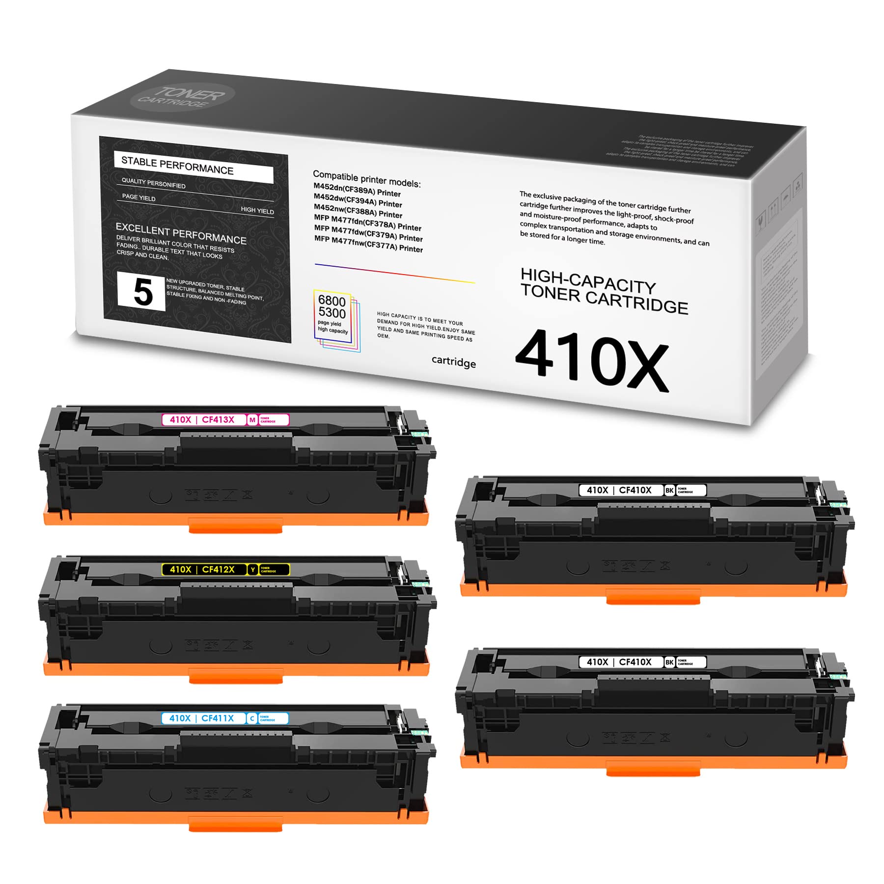 HP M452dn M477fdn M452dw M452nw M477fdw M477fnw Compatible 410X Toner Cartridge Replacement (5 Pack - 2BK/1C/1M/1Y) - High-Quality Printer Ink for Office & Home Printing Needs