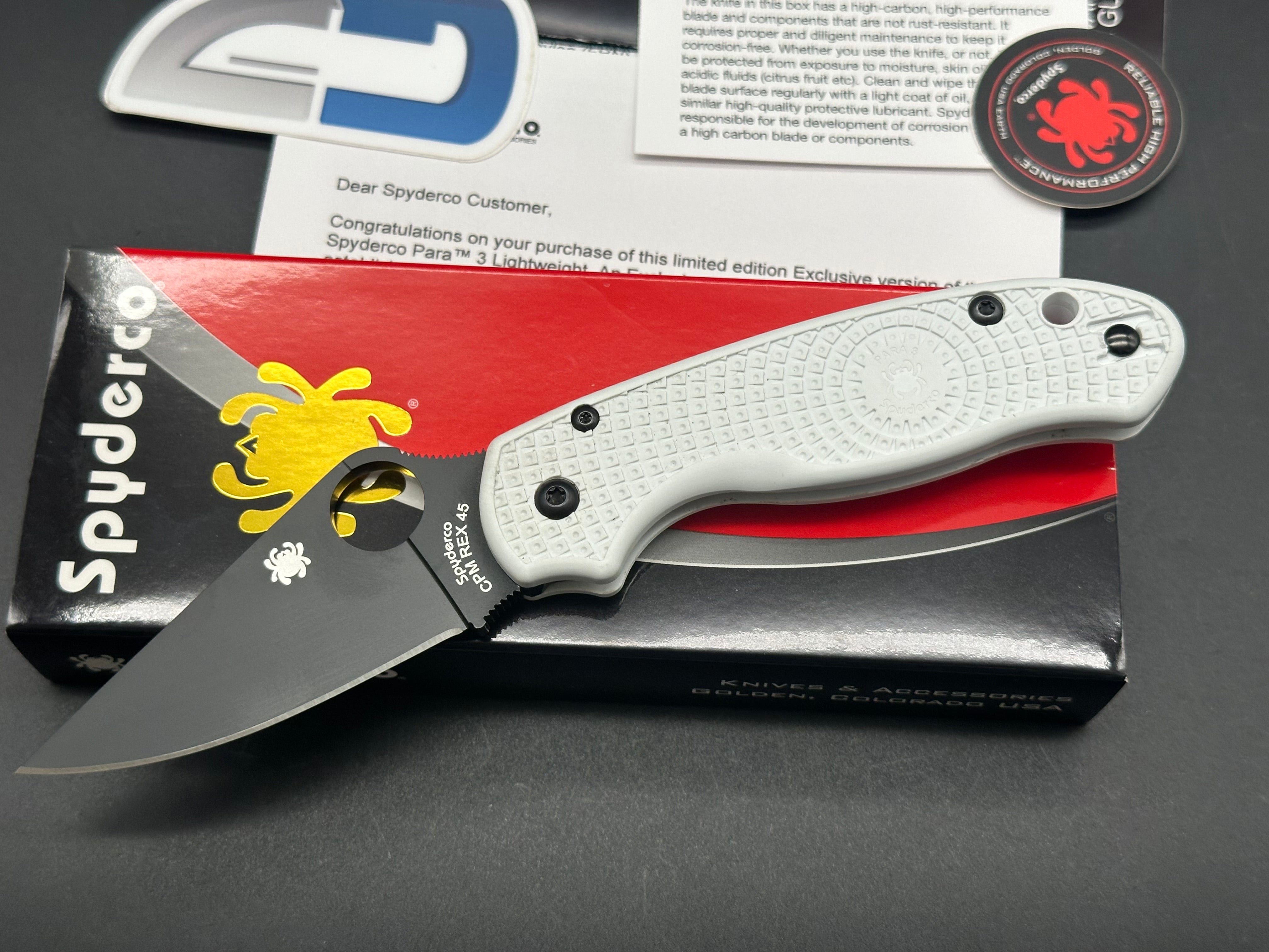 Spyderco Para 3 Lightweight Folding Knife - Black DLC Coated REX 45 Blade & White FRN Handle | EDC Pocket Knife for Camping, Hiking & Outdoor Adventures (Model C223PWHBK)