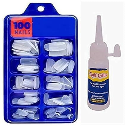 BAJAJBEAUTYSHOP 100Pcs Acrylic Fake Nails Set with Nail Glue - Reusable Artificial Nails for Women, French Tip Press on Nails for Salon, Party & Daily Wear