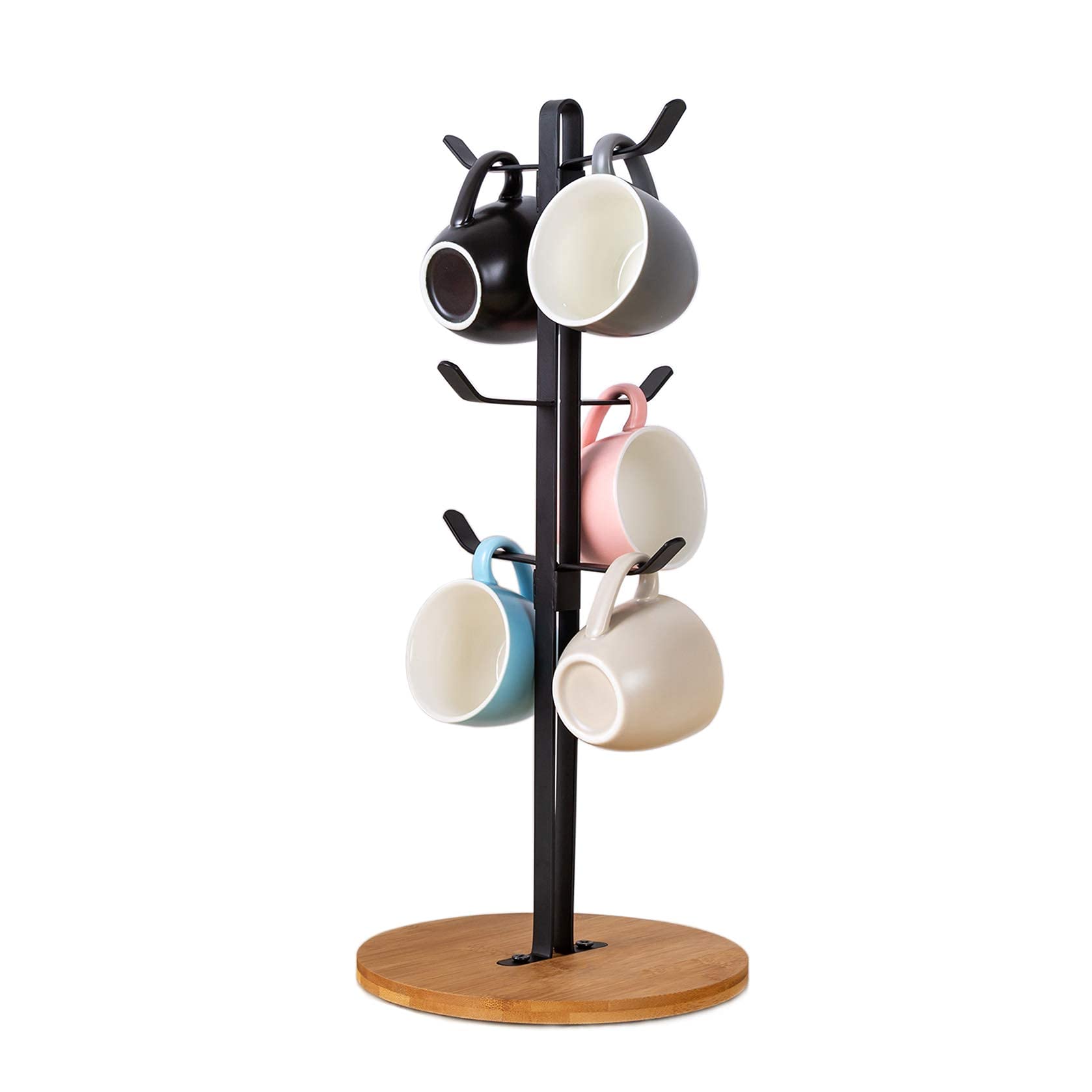 TIEYIPIN Bamboo Coffee Mug Holder with 6 Hooks - Espresso Cup Organizer, Mug Tree Stand for Kitchen Counter & Coffee Bar - Perfect for Home, Office or Cafe Decor